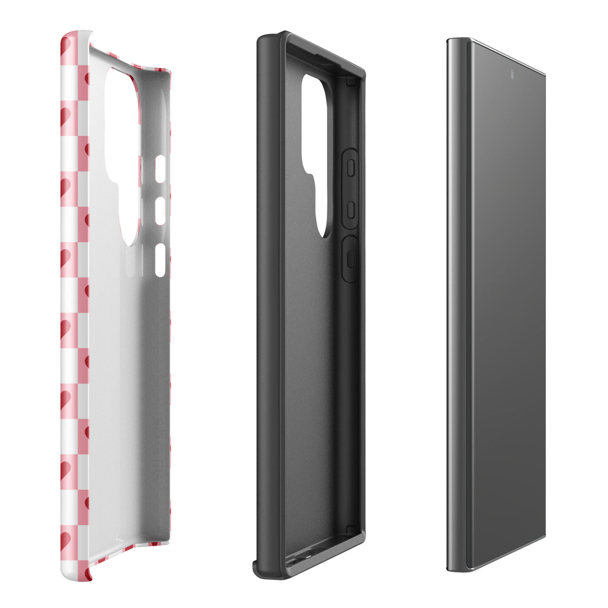 Phone Case for Samsung Galaxy with pink and white checkered design and red hearts, showcasing charming modern style.