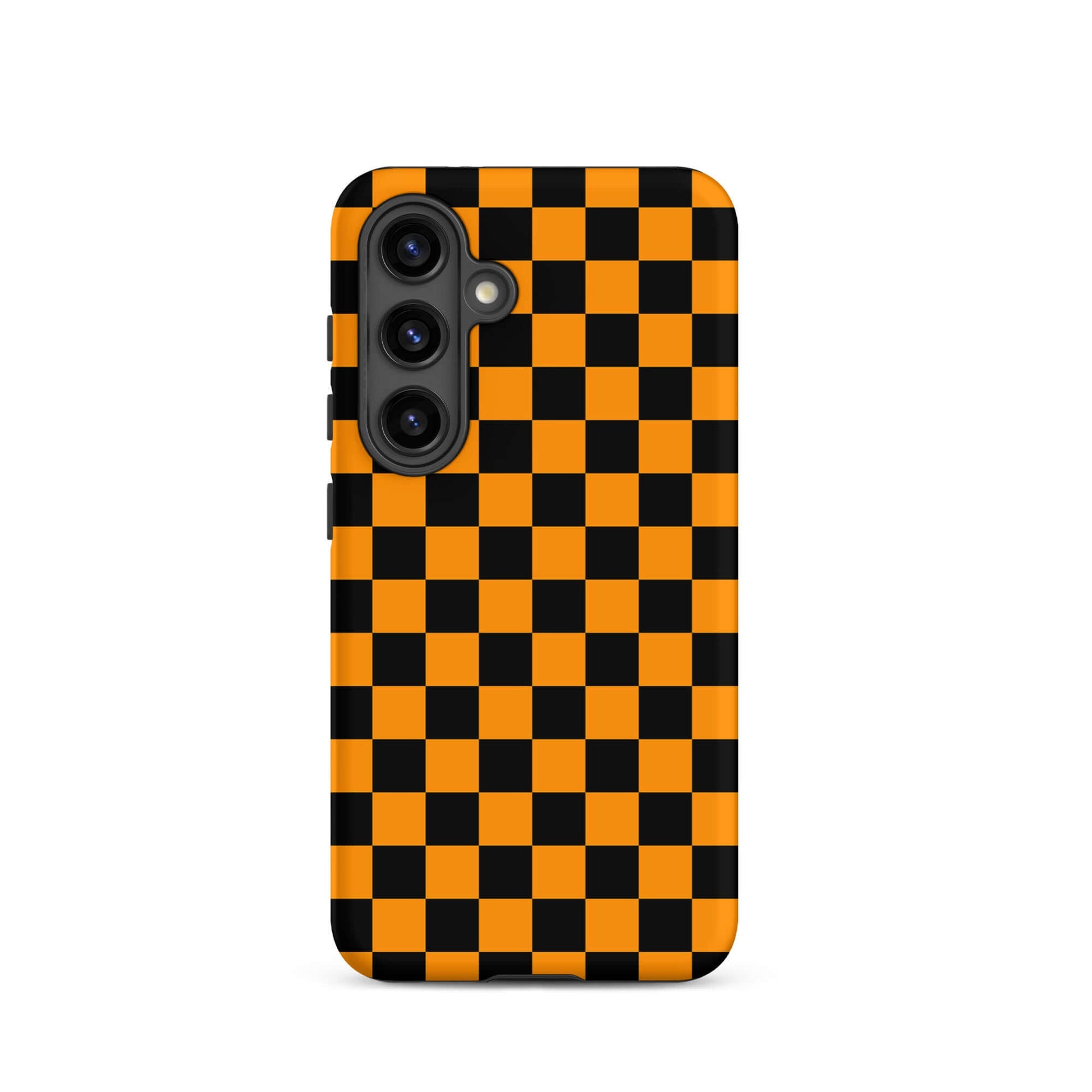 Phone Case with vibrant orange-black checkered design, perfect for Samsung Galaxy, adding retro fun and modern flair to your device.