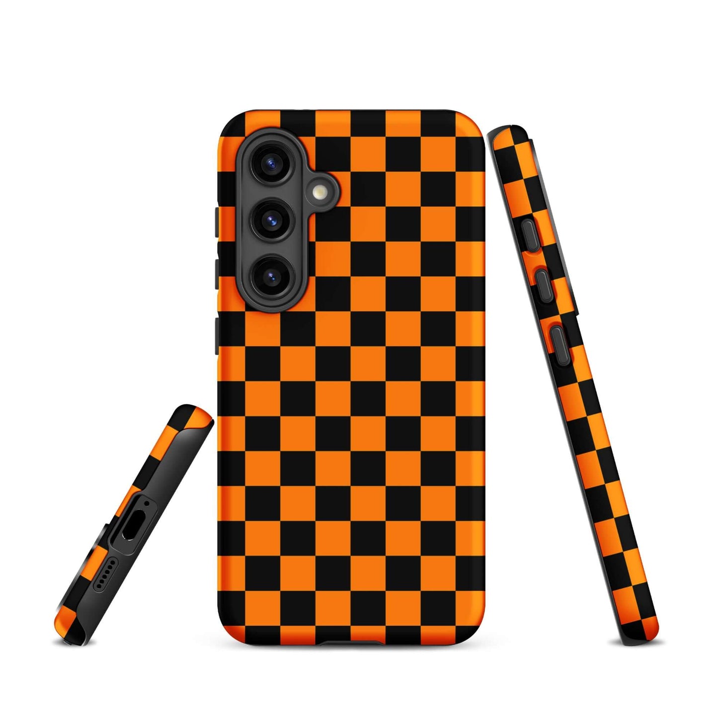 Phone Case for Samsung Galaxy with vibrant orange-black checkered design showcasing retro-modern style.