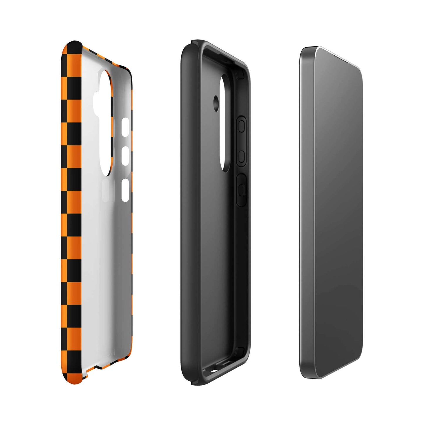 Phone Case for Samsung Galaxy in vibrant orange-black checkered design, showcasing back and side views for style and protection.