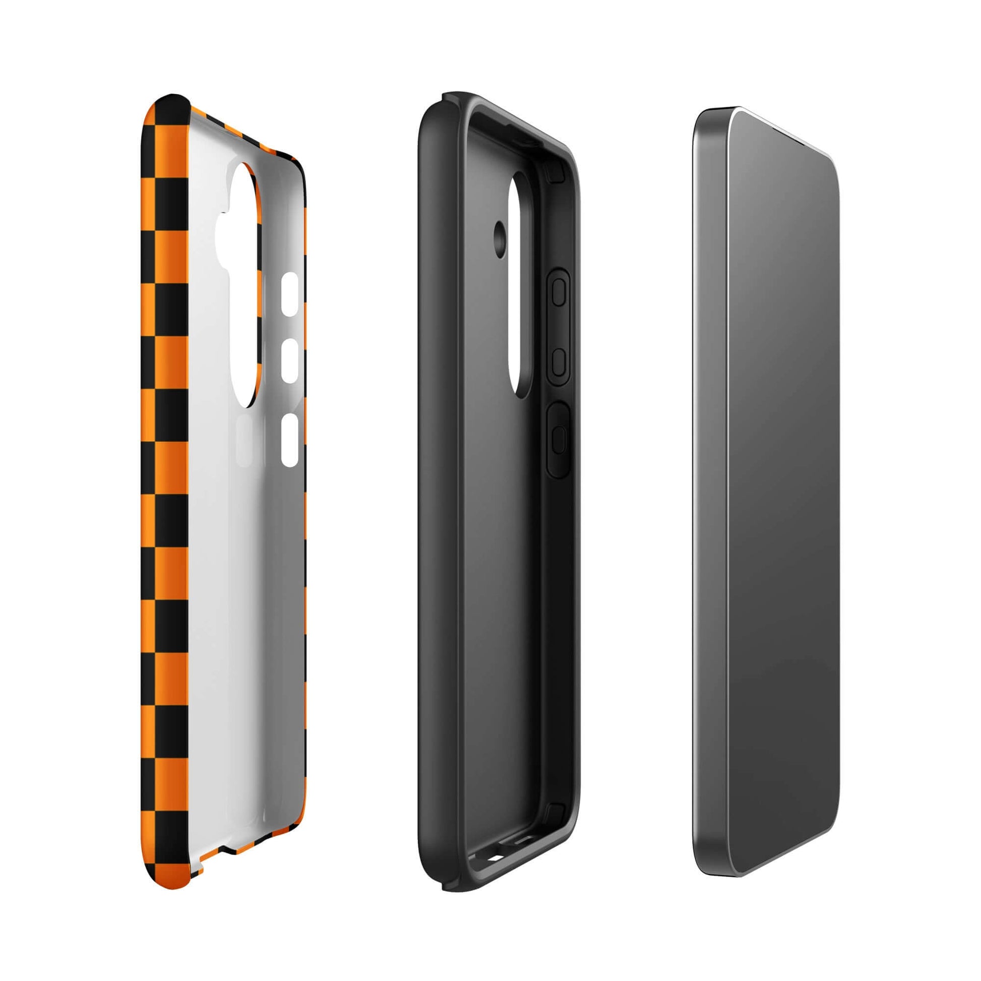 Phone Case for Samsung Galaxy in vibrant orange-black checkered design, showcasing back and side views for style and protection.