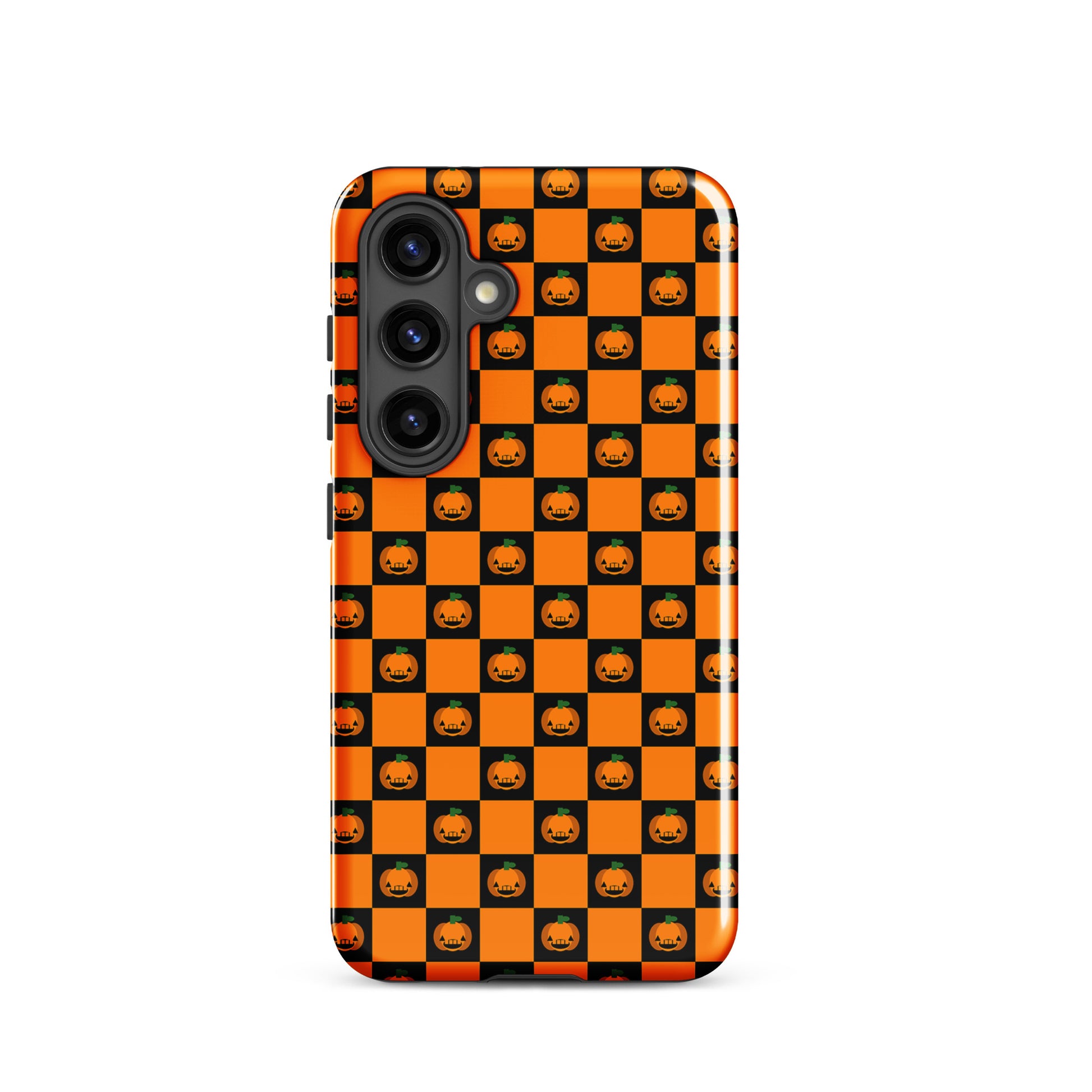 Phone Case for Samsung Galaxy with pumpkin checkered Halloween design, featuring orange and black squares with jack-o'-lanterns.