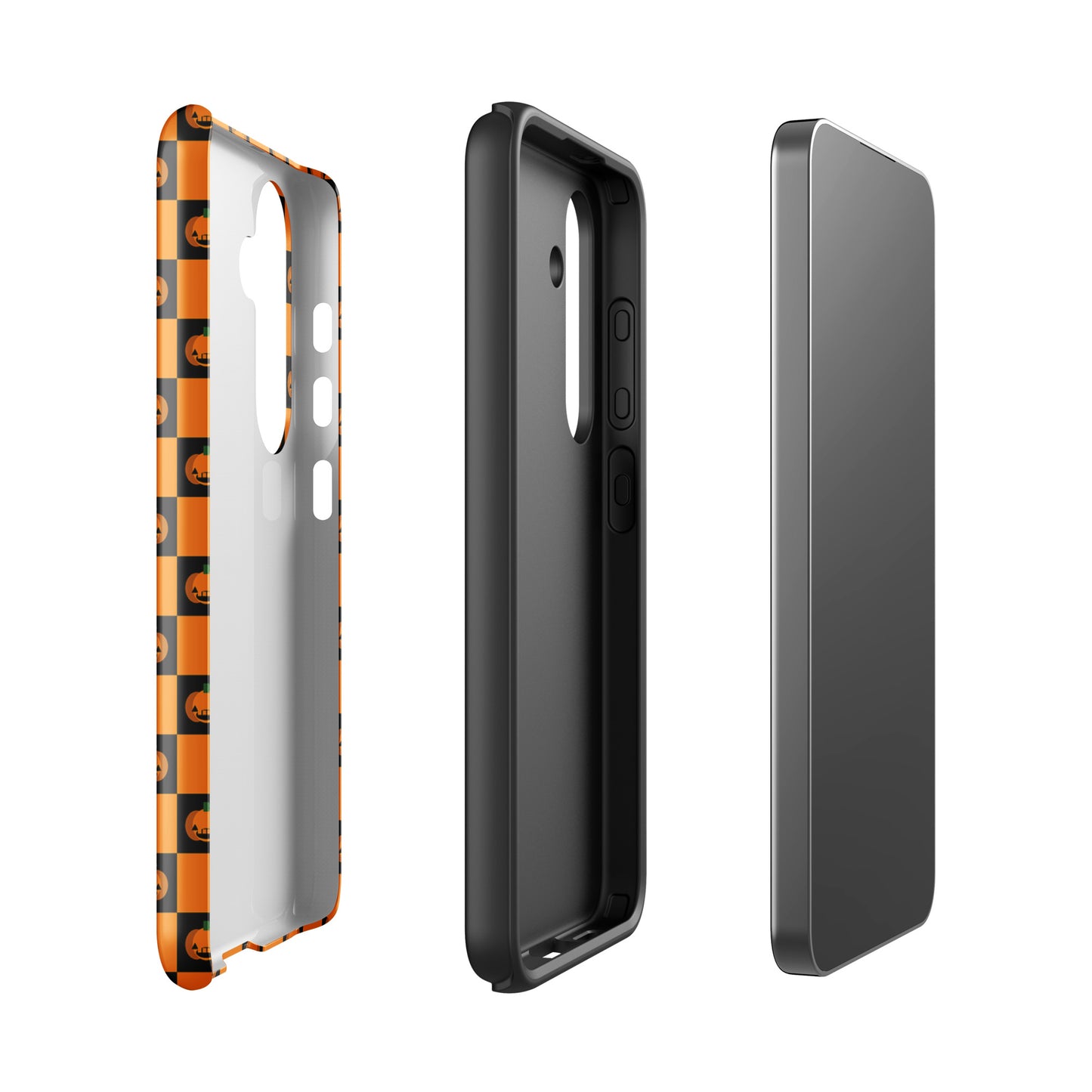 Phone Case for Samsung Galaxy with Pumpkin Checkered Halloween Design, featuring orange and black squares with jack-o’-lanterns.
