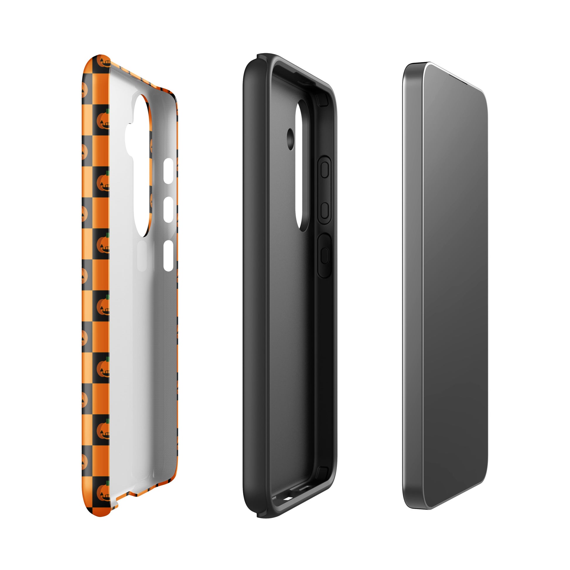 Phone Case for Samsung Galaxy with Pumpkin Checkered Halloween Design, featuring orange and black squares with jack-o’-lanterns.