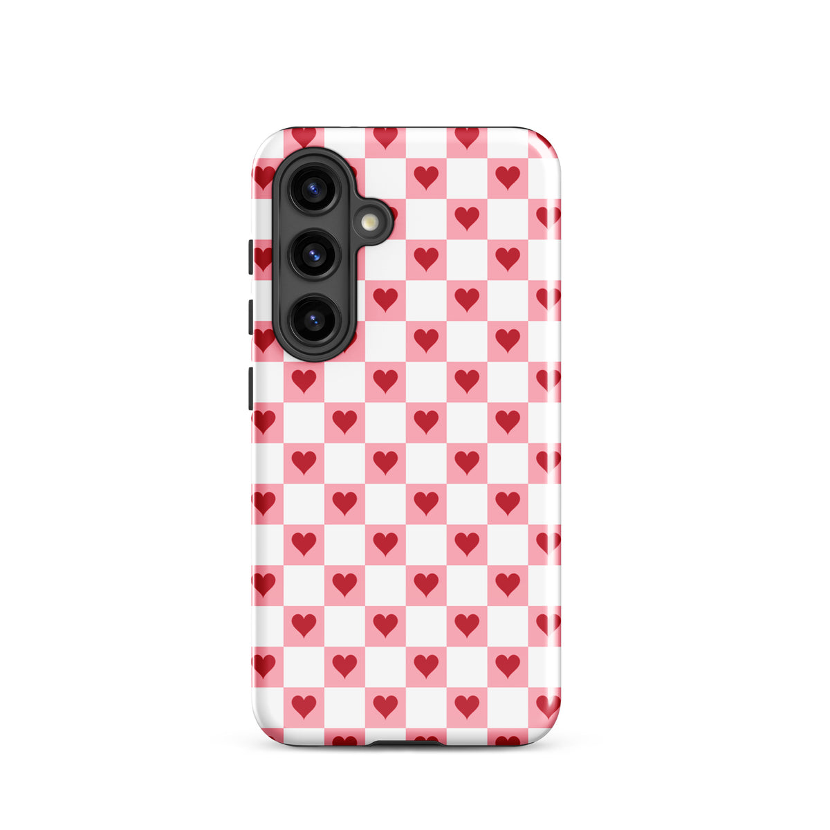 Phone Case for Samsung Galaxy with pink-and-white checkered design and red hearts.