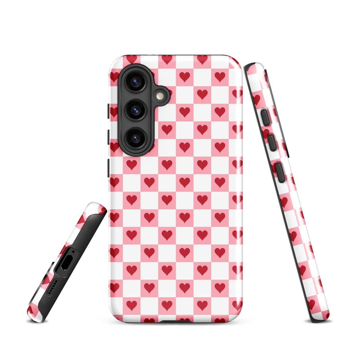 Phone Case for Samsung Galaxy - Pink-and-White with Red Hearts Checkered design