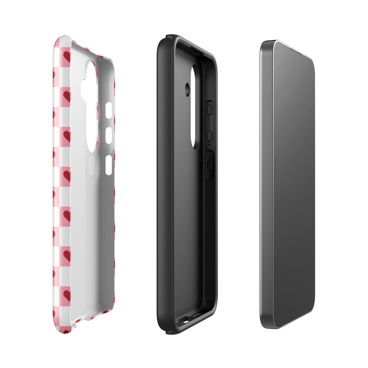 Phone Case for Samsung Galaxy with pink-and-white red hearts checkered design showing different views and sections of the case