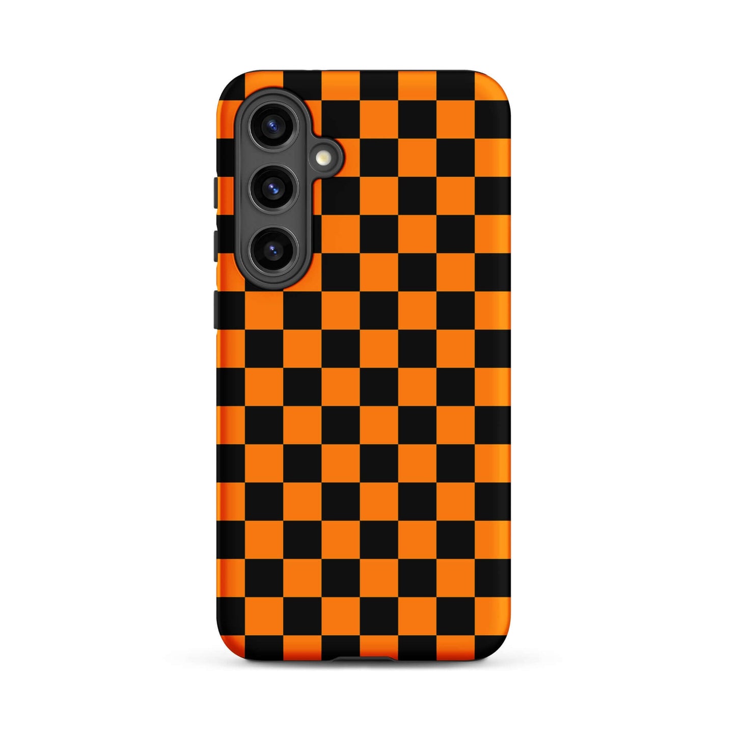 Phone Case with vibrant orange-black checkered design for Samsung Galaxy.