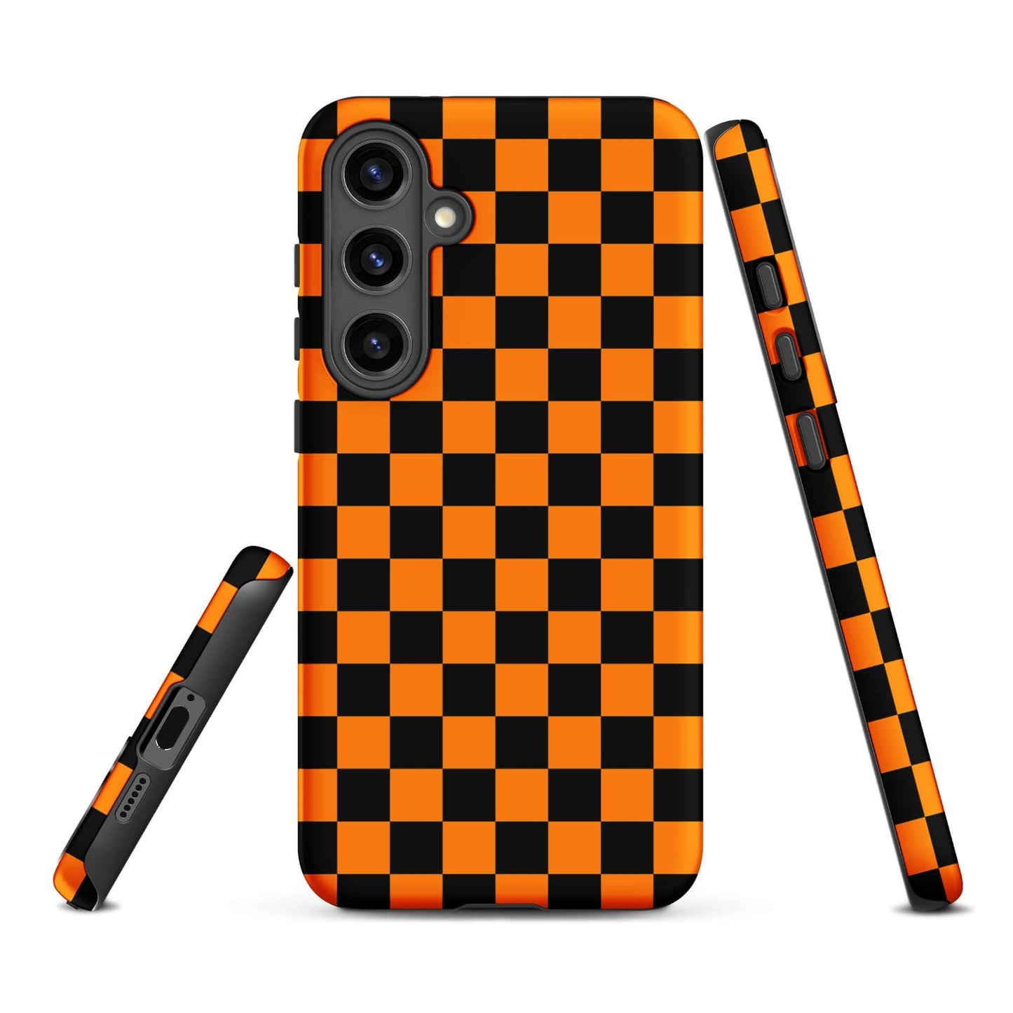 Phone Case for Samsung Galaxy with vibrant orange-black checkered design, combining retro and modern styles for a bold look.