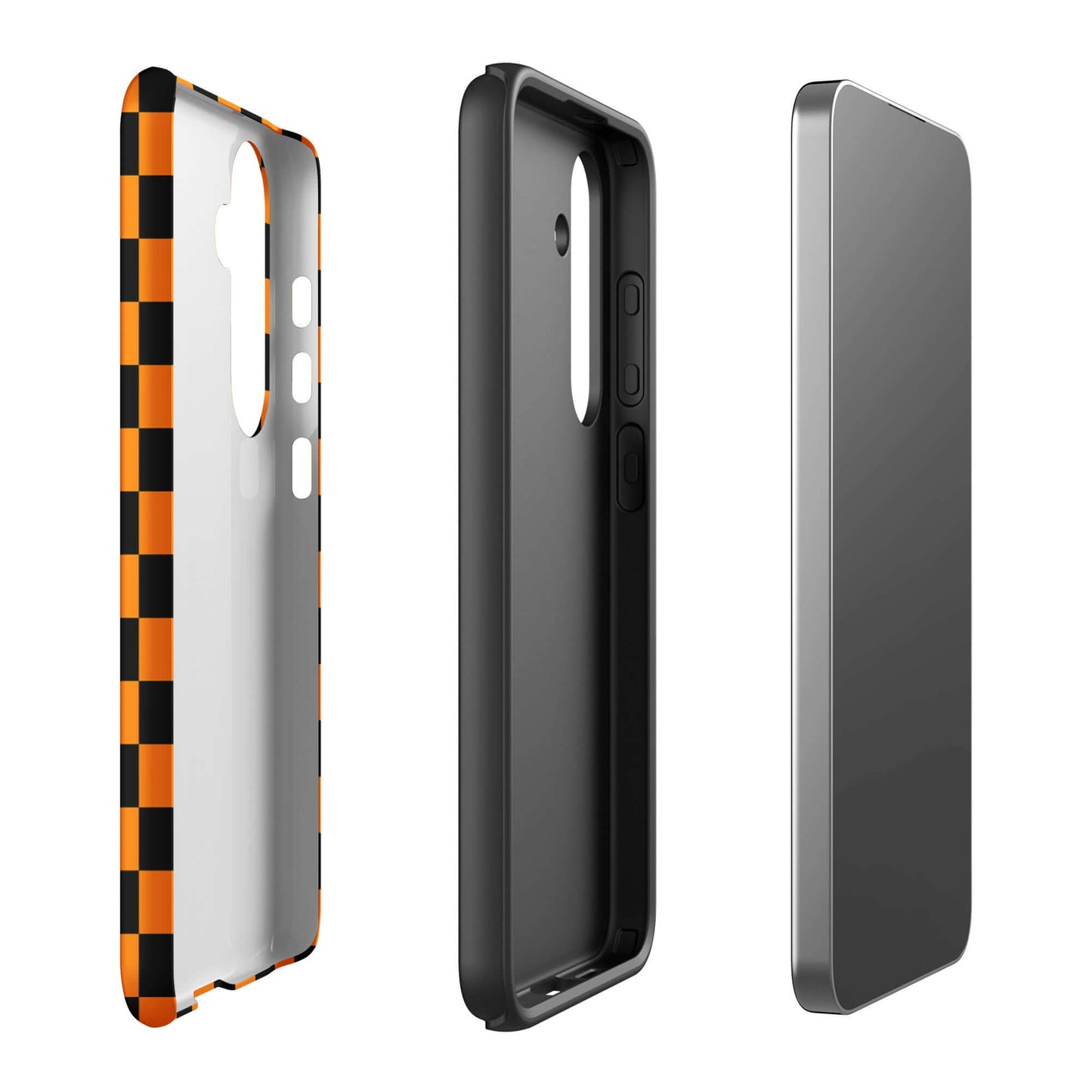 Phone Case for Samsung Galaxy with vibrant orange-black checkered design, showcasing retro-modern style and personality.