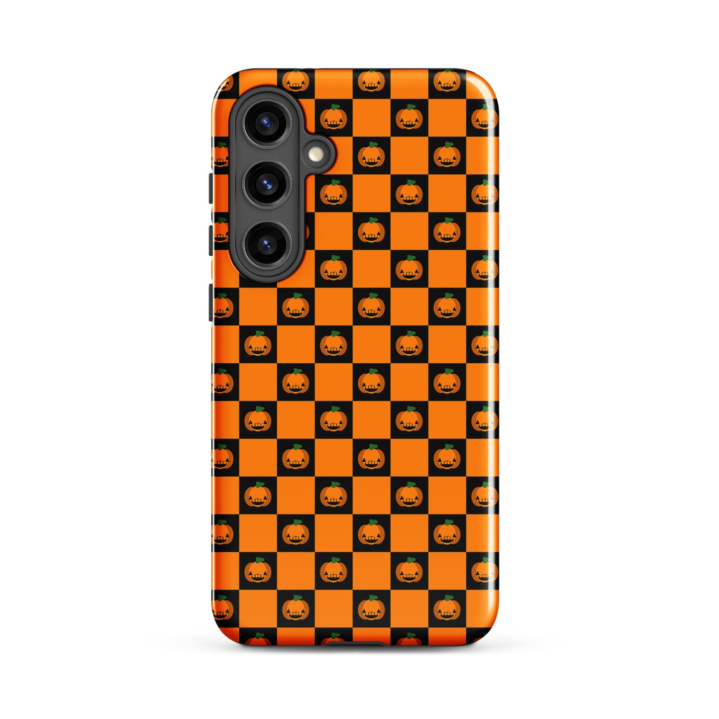 Phone Case for Samsung Galaxy with pumpkin checkered Halloween design featuring orange and black squares with jack-o’-lanterns.