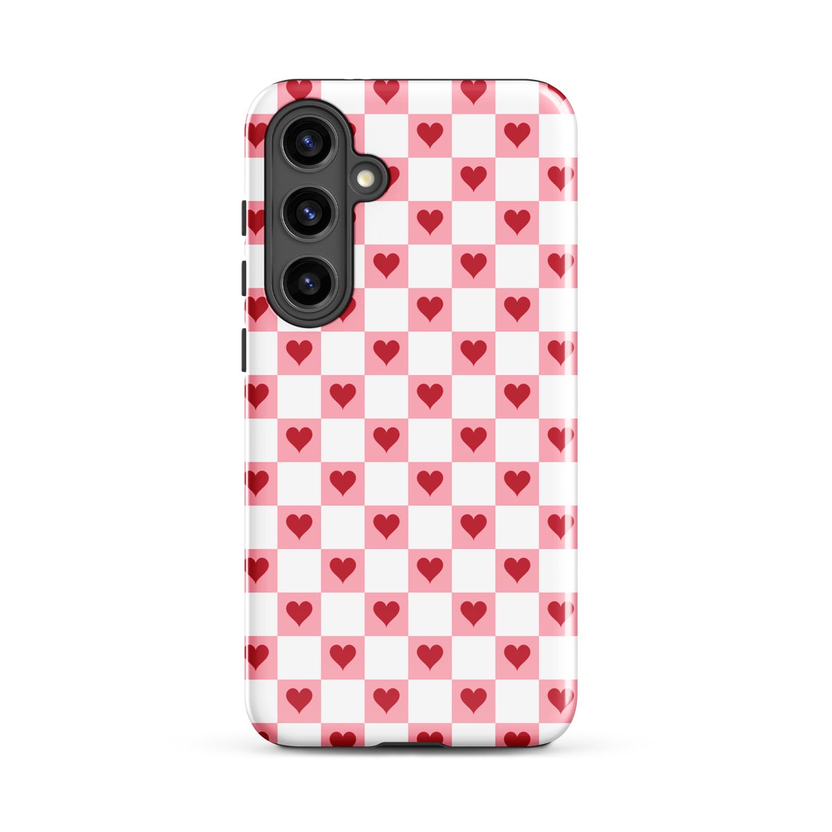 Phone Case for Samsung Galaxy with pink-and-white checkered and red hearts design
