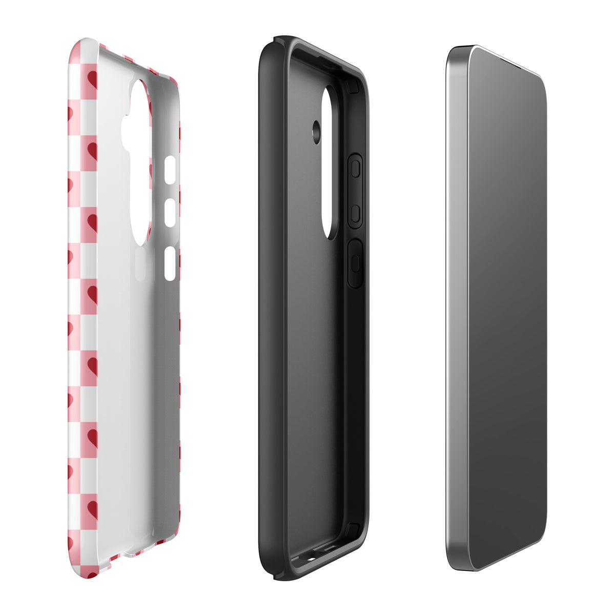 Phone Case for Samsung Galaxy with pink-and-white checkered and red hearts design, showing side and back view.