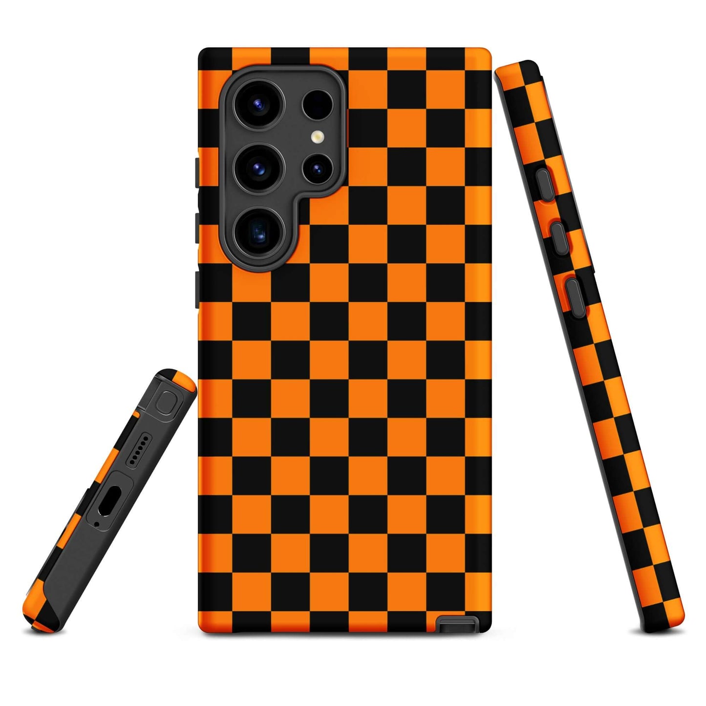 Phone Case for Samsung Galaxy with vibrant orange-black checkered design, retro yet modern look, showcasing bold style for everyday use.