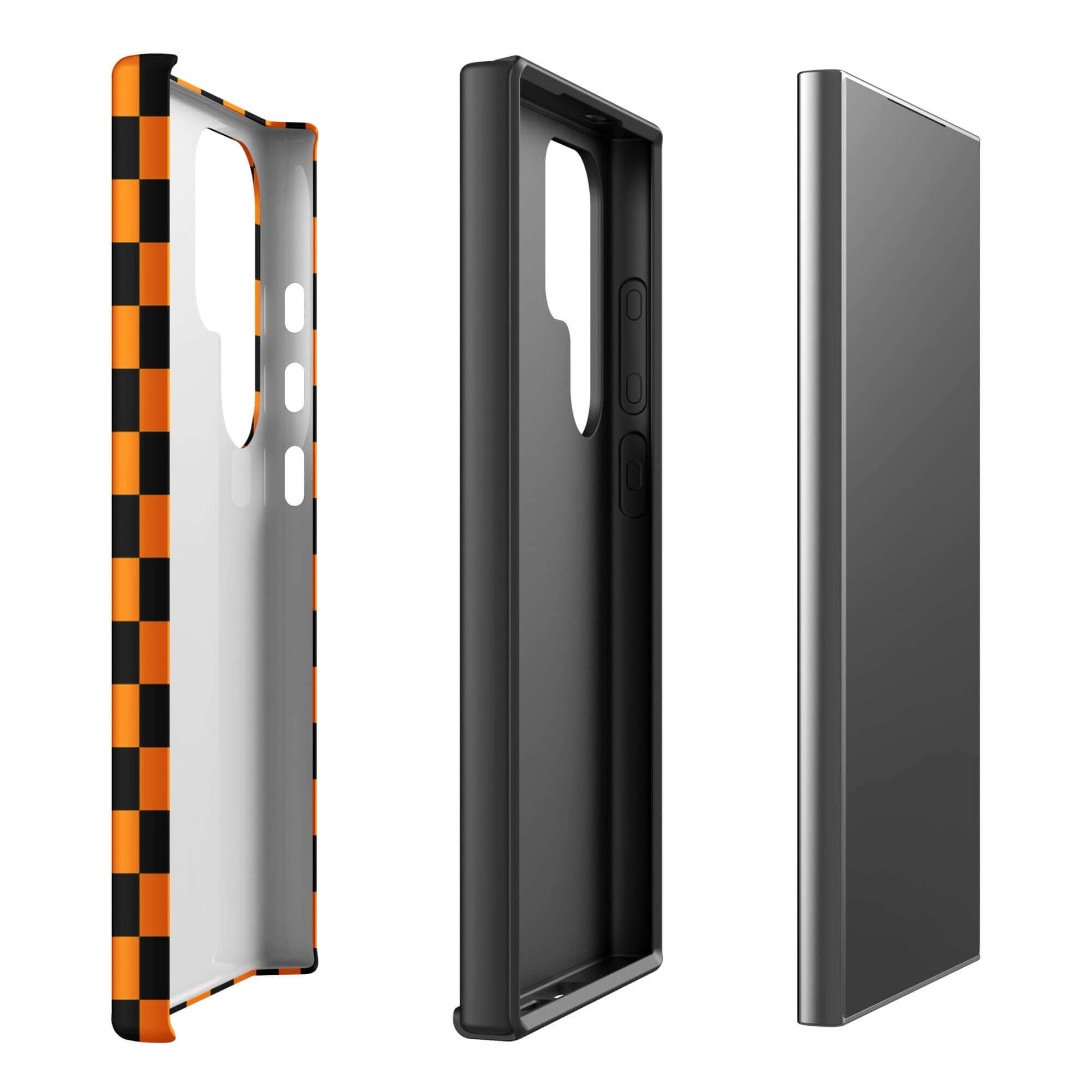 Phone Case for Samsung Galaxy with vibrant orange-black checkered design, showcasing fun retro-modern style for unique personality.