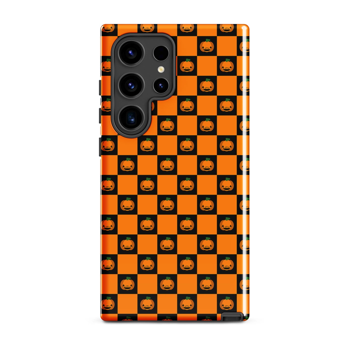 Phone Case for Samsung Galaxy with pumpkin checkered Halloween design featuring orange and black squares with cheerful jack-o’-lanterns.