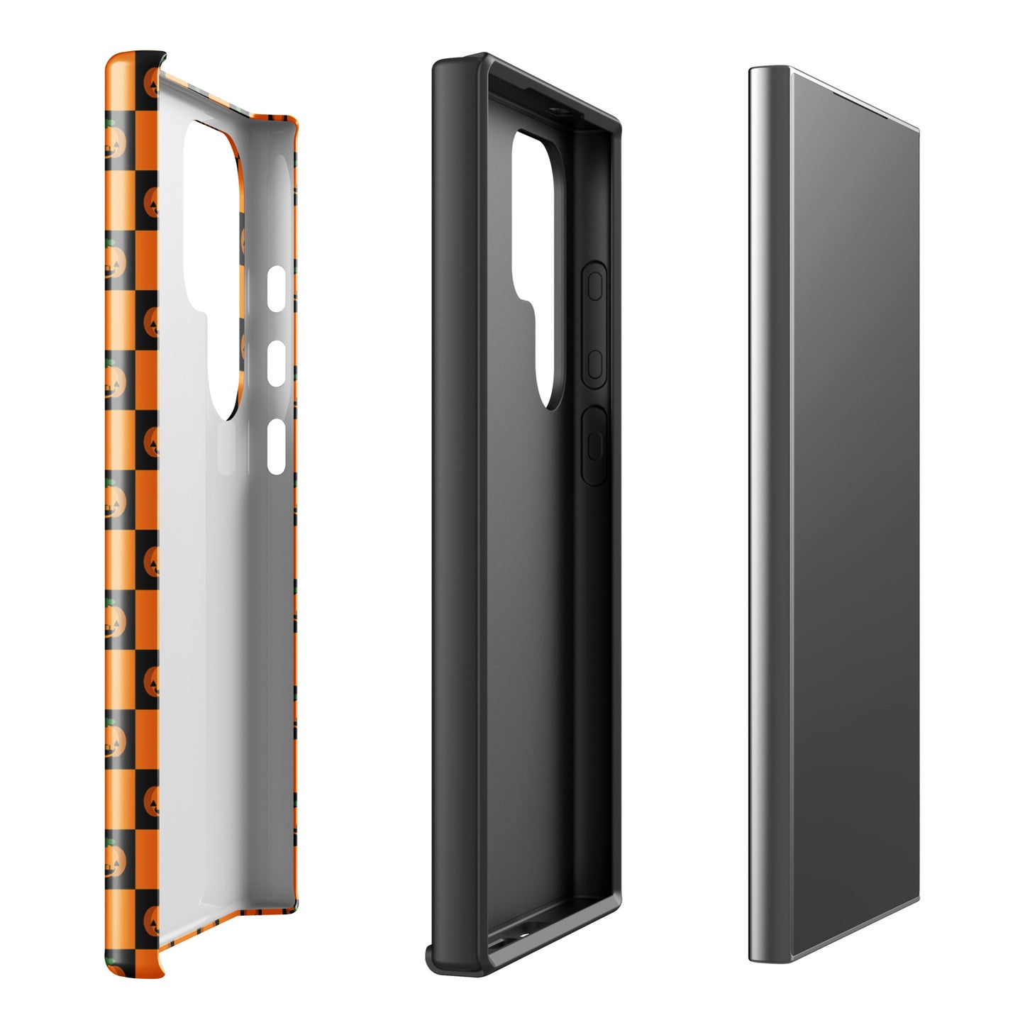 Phone Case for Samsung Galaxy with pumpkin checkered Halloween design, featuring orange and black squares, front and side views.