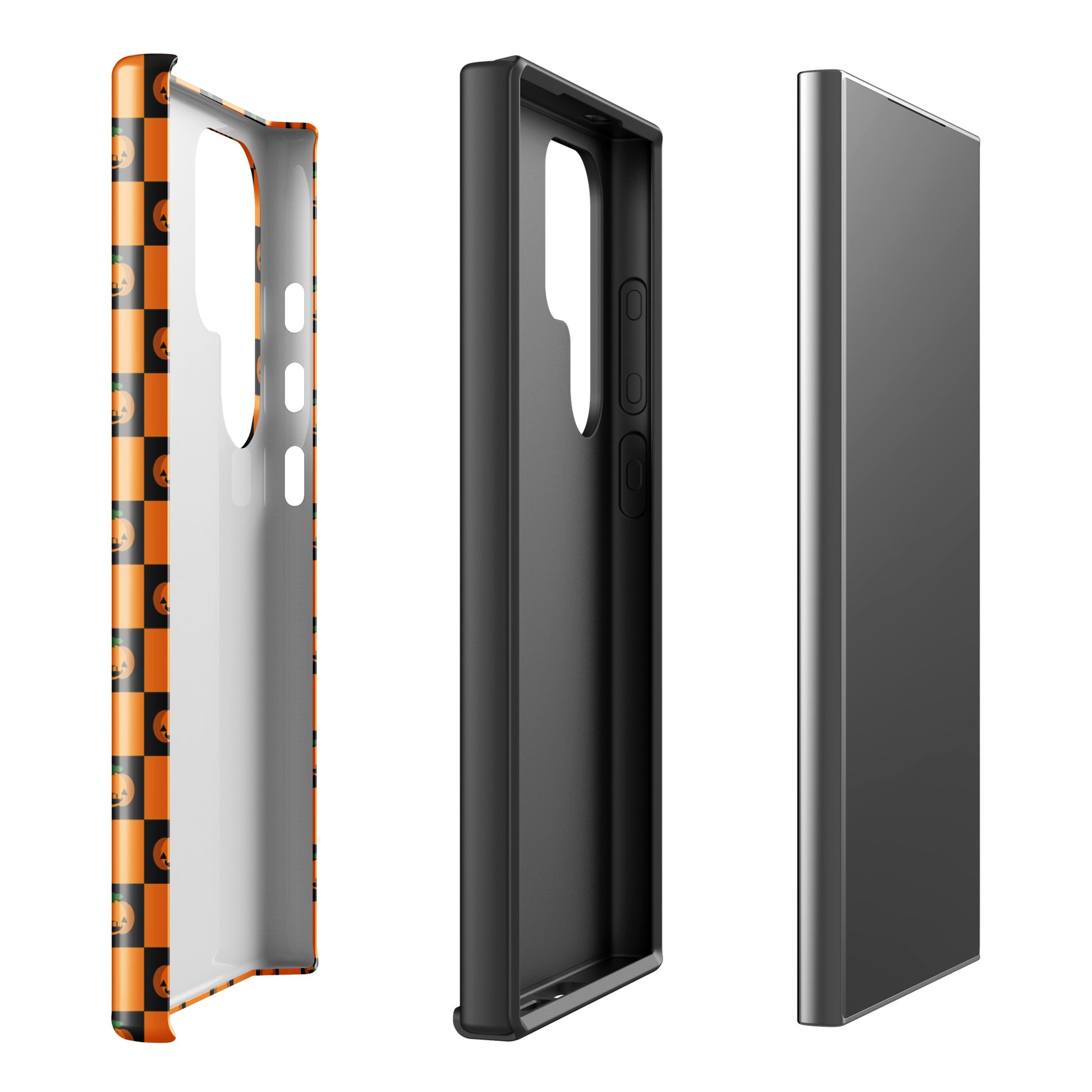 Phone Case for Samsung Galaxy with pumpkin checkered Halloween design, featuring orange and black squares, front and side views.