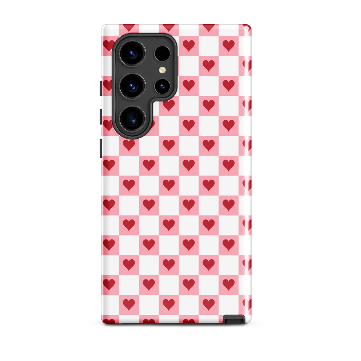 Phone Case for Samsung Galaxy in pink-and-white with red hearts checkered design, offering charm and cheer for daily carry.
