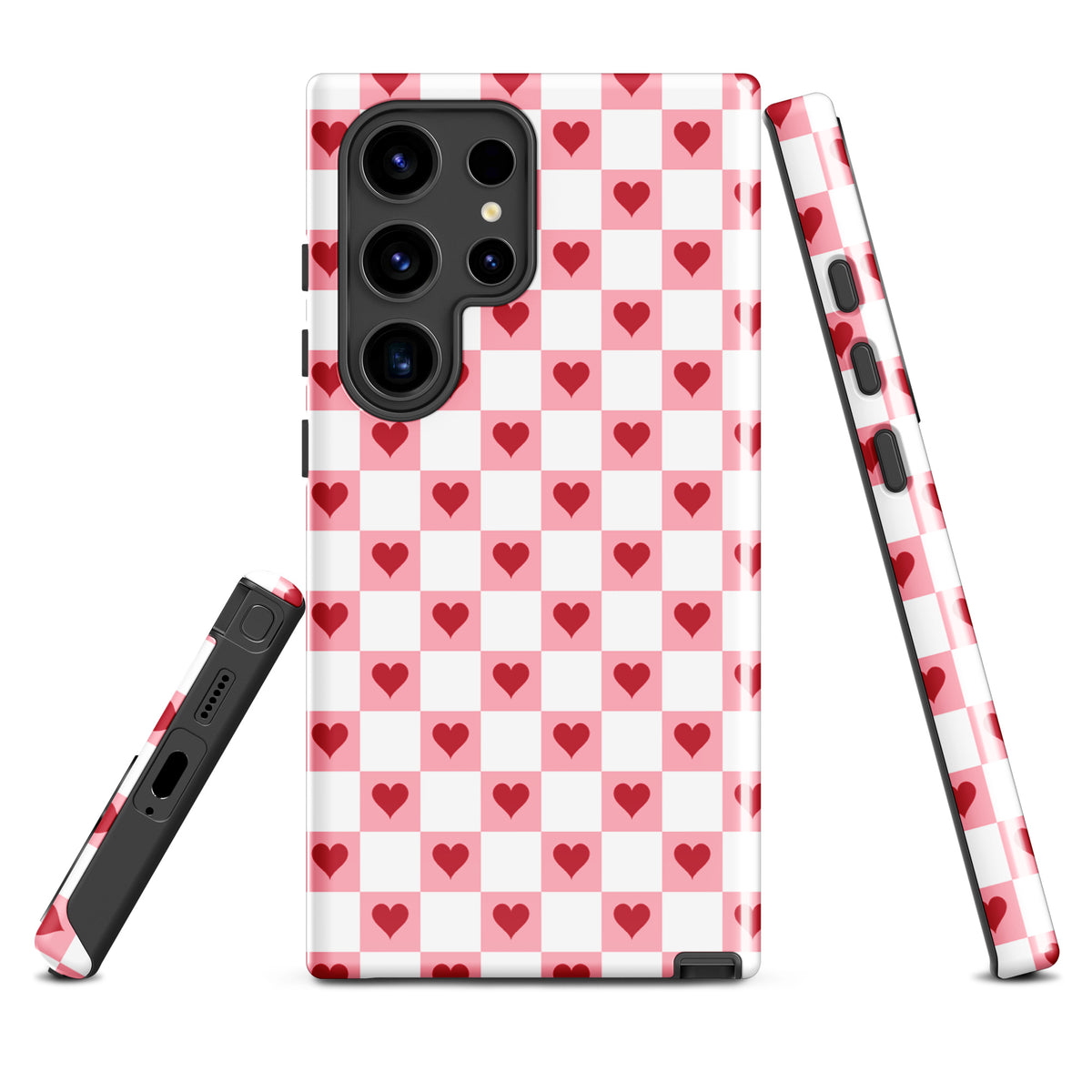 Phone Case for Samsung Galaxy in pink-and-white with red hearts checkered design, showcasing charming and playful style.