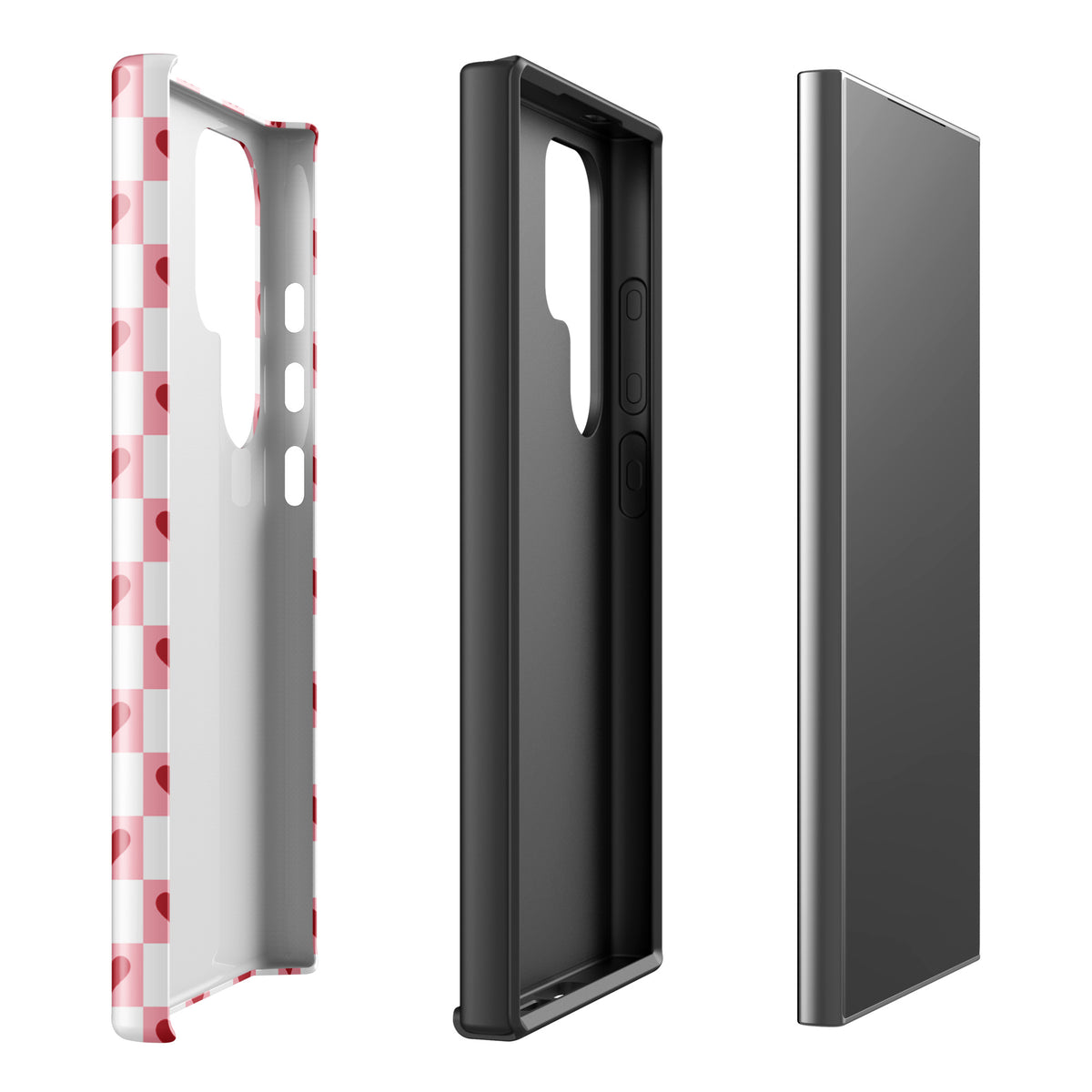 Phone Case for Samsung Galaxy in pink-and-white with red hearts checkered design, showcasing front, side, and back views.