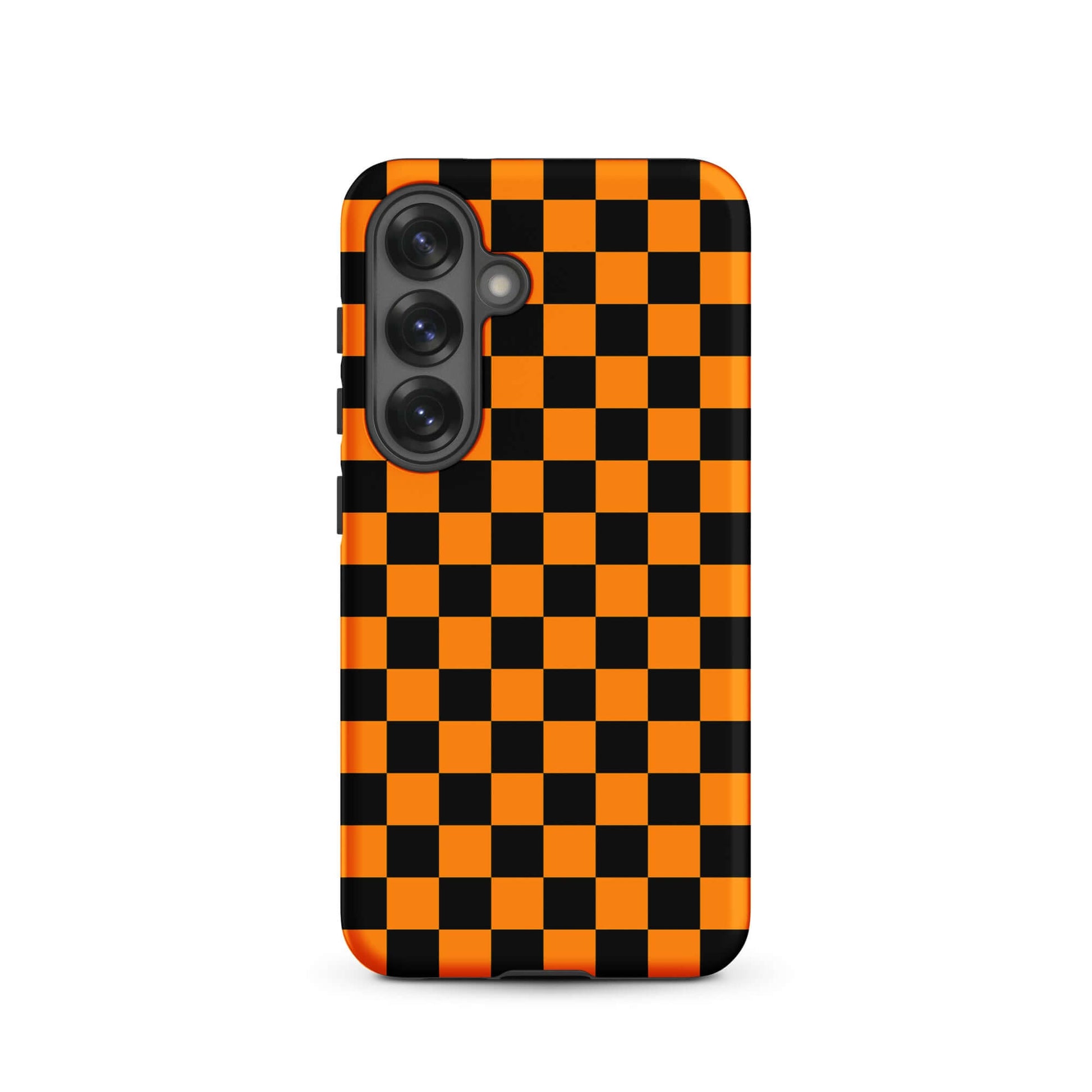 Phone Case for Samsung Galaxy with vibrant orange-black checkered design, retro fun and modern flair for a stylish look.