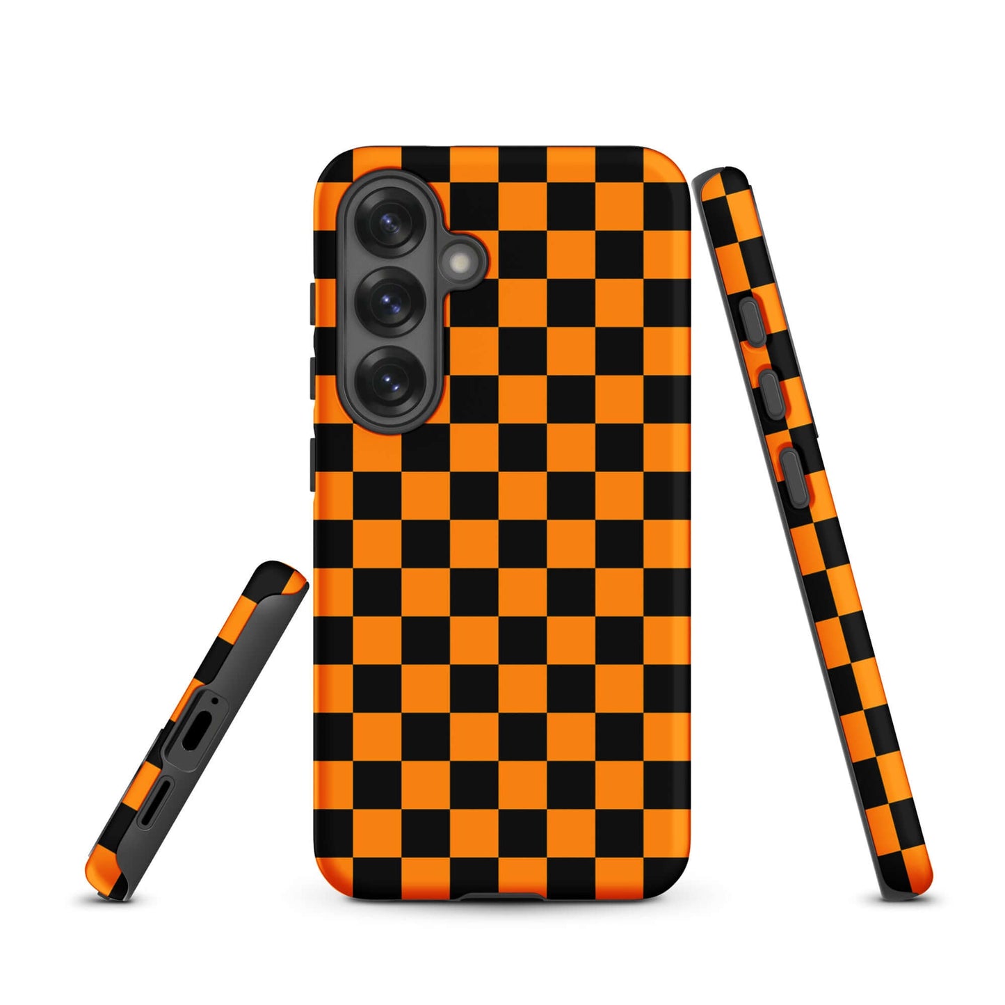 Phone Case for Samsung Galaxy with vibrant orange-black checkered design, offering retro fun and modern flair.