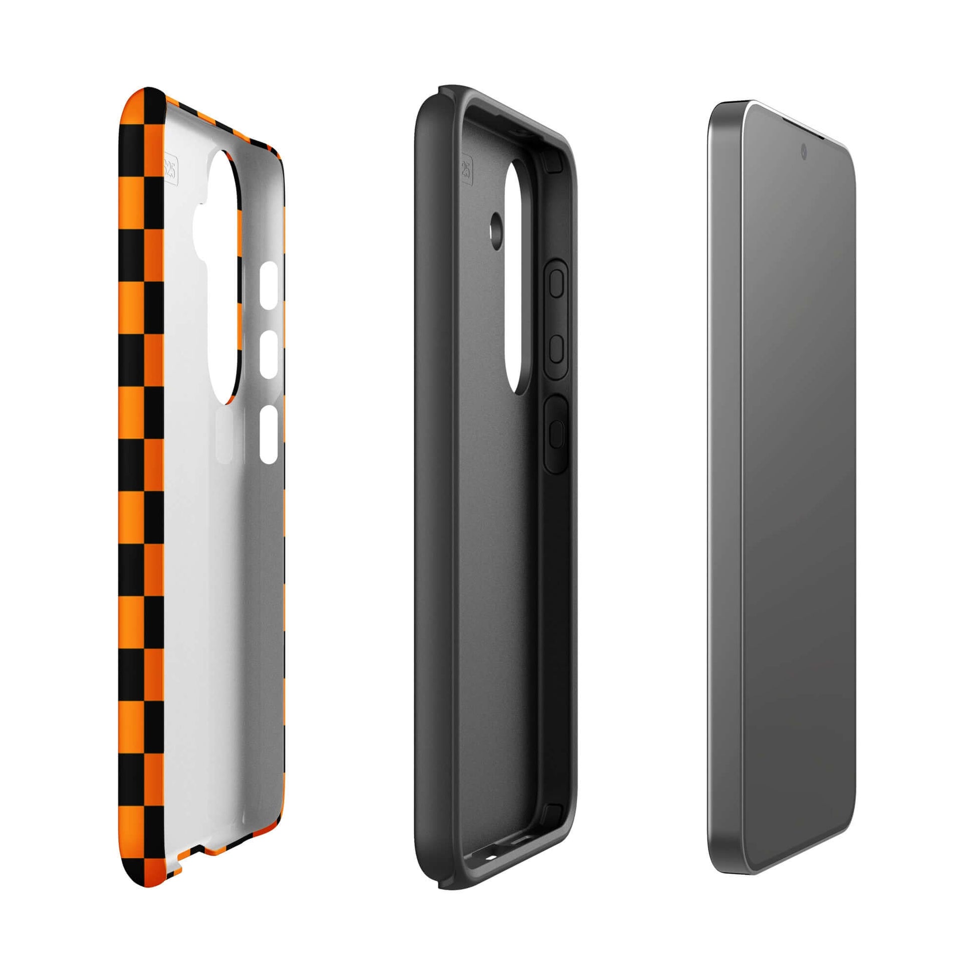 Phone Case for Samsung Galaxy with vibrant orange-black checkered design, showcasing bold retro-modern flair for stylish protection.