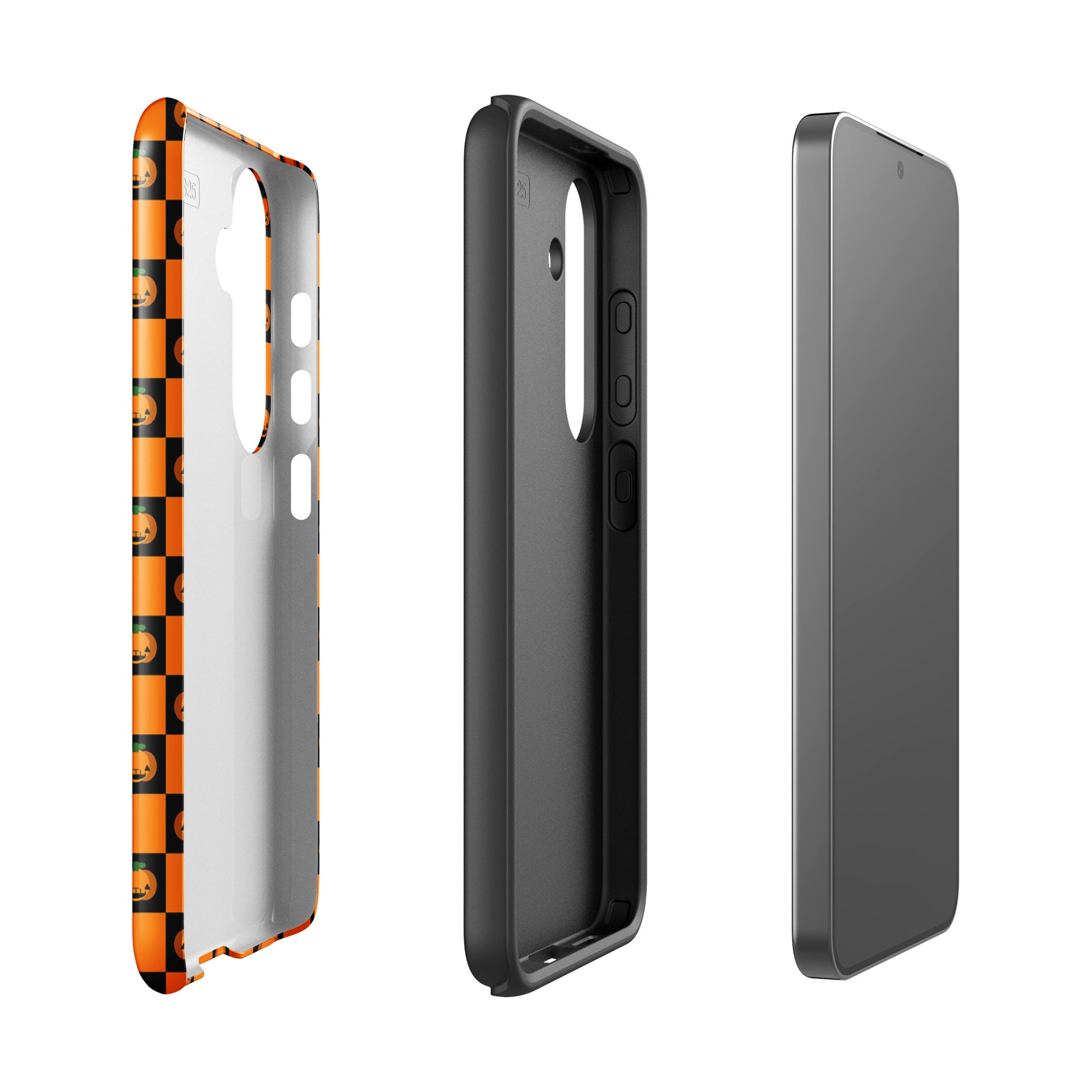 Phone Case for Samsung Galaxy with pumpkin checkered Halloween design, featuring orange and black squares with jack-o'-lantern faces.
