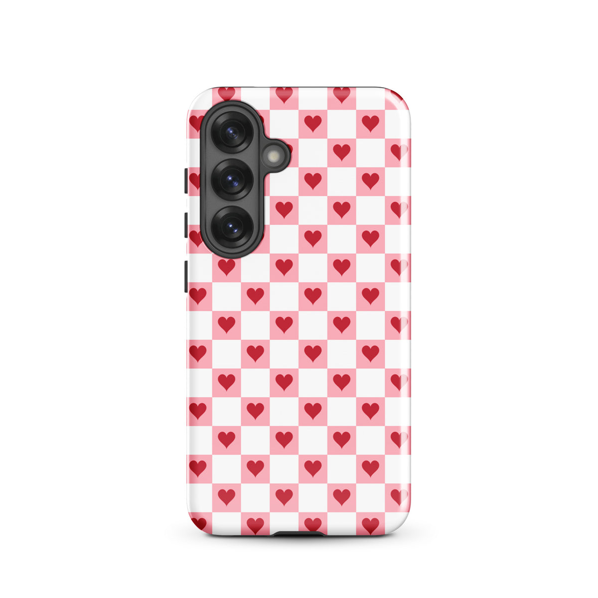Phone Case for Samsung Galaxy with pink-and-white checkered design and red hearts.