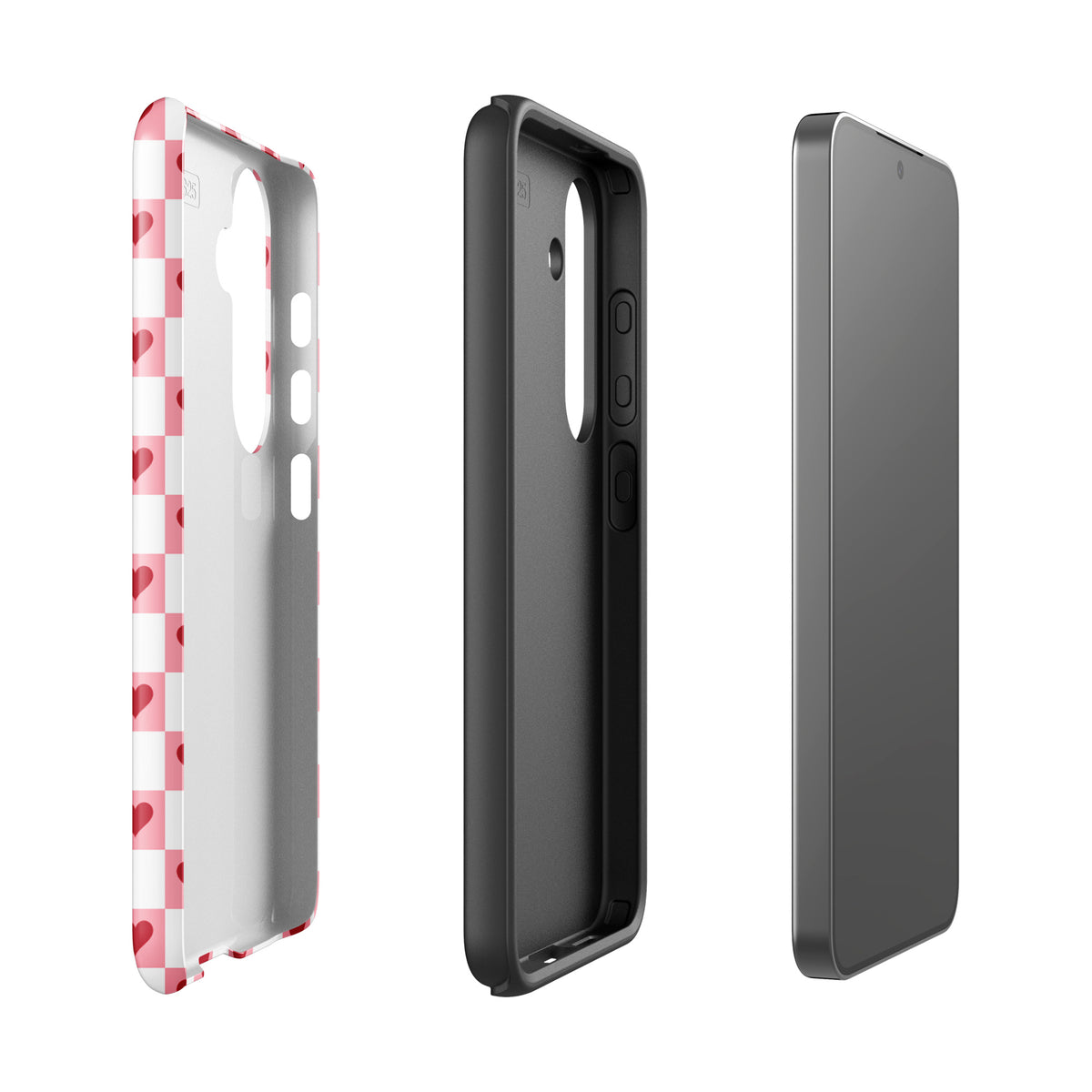 Phone Case for Samsung Galaxy with pink-and-white checkered design and red hearts displayed.