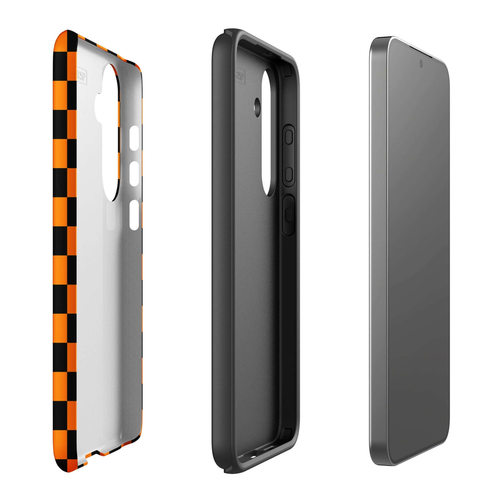 Phone Case for Samsung Galaxy with vibrant orange-black checkered design, showcasing retro fun and modern flair.