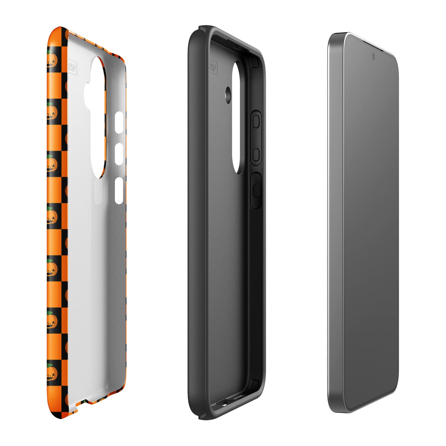 Phone Case for Samsung Galaxy with Pumpkin Checkered Halloween Design featuring jack-o'-lanterns on orange and black squares.
