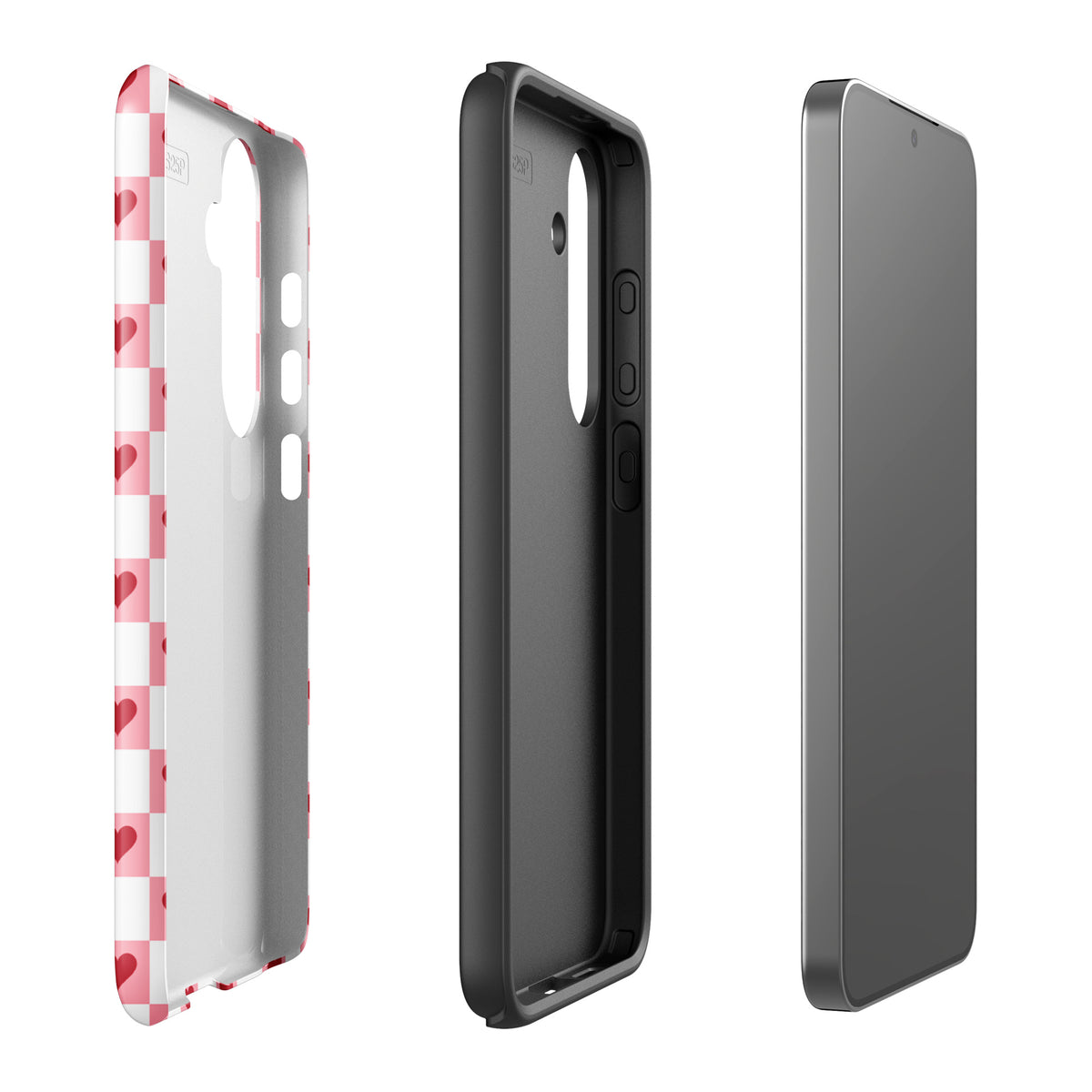 Phone Case for Samsung Galaxy - Pink-and-White with Red Hearts Checkered design, showcasing three views of the stylish protective case.