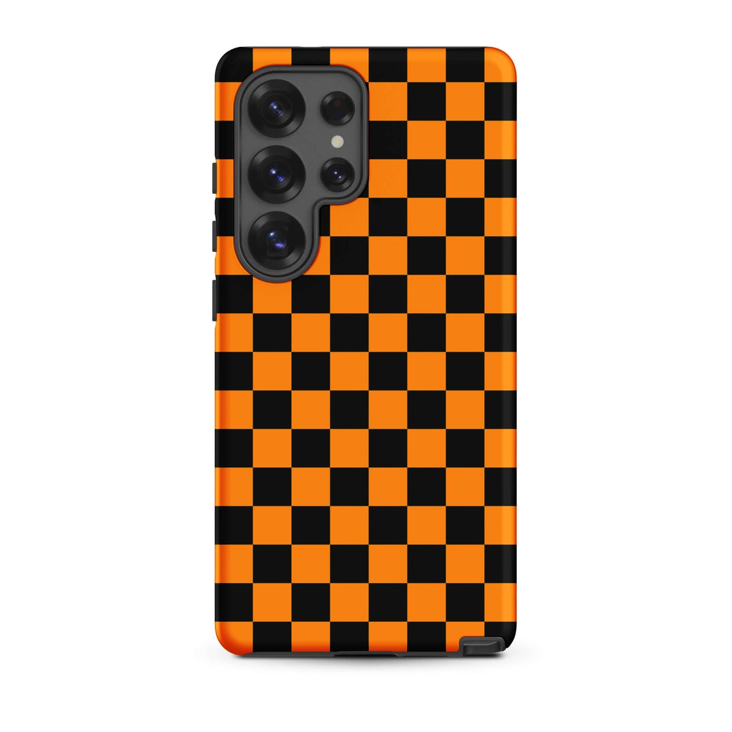 Phone Case for Samsung Galaxy with vibrant orange-black checkered design, retro fun, modern flair.