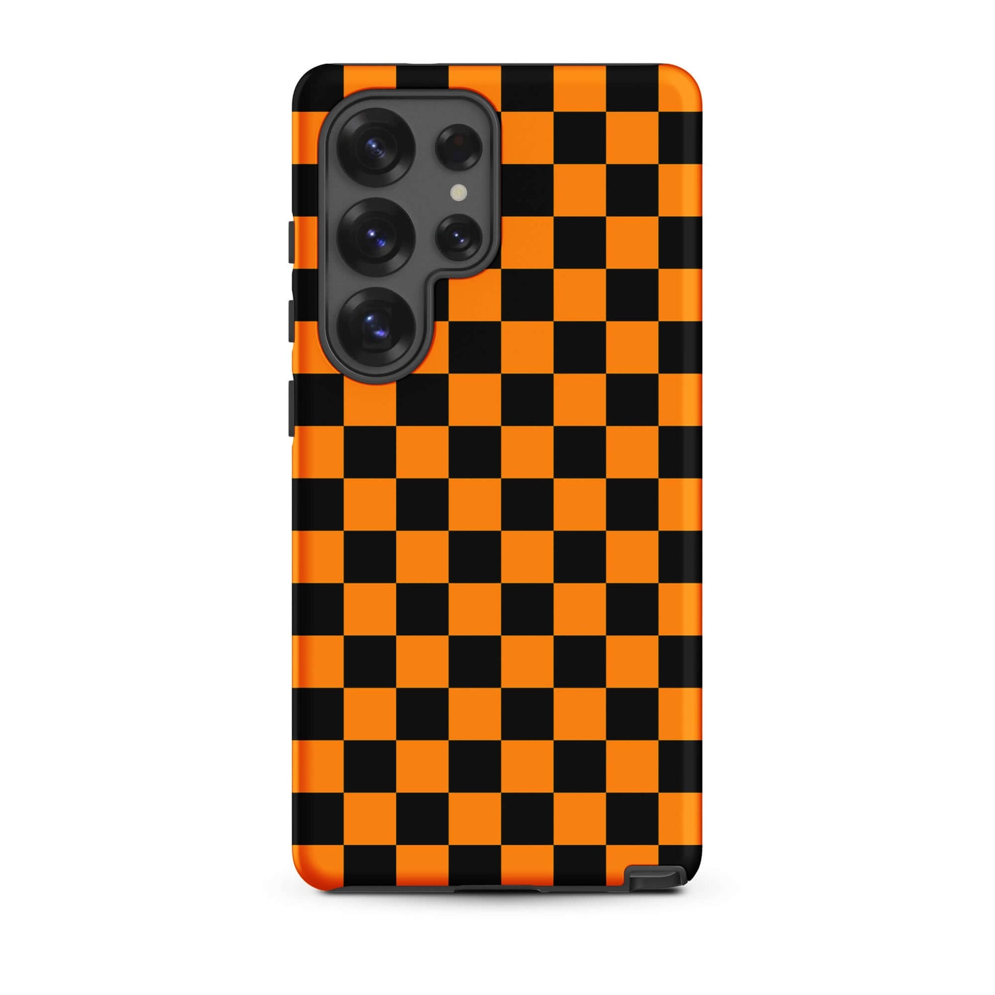 Phone Case for Samsung Galaxy with vibrant orange-black checkered design, retro fun, modern flair.