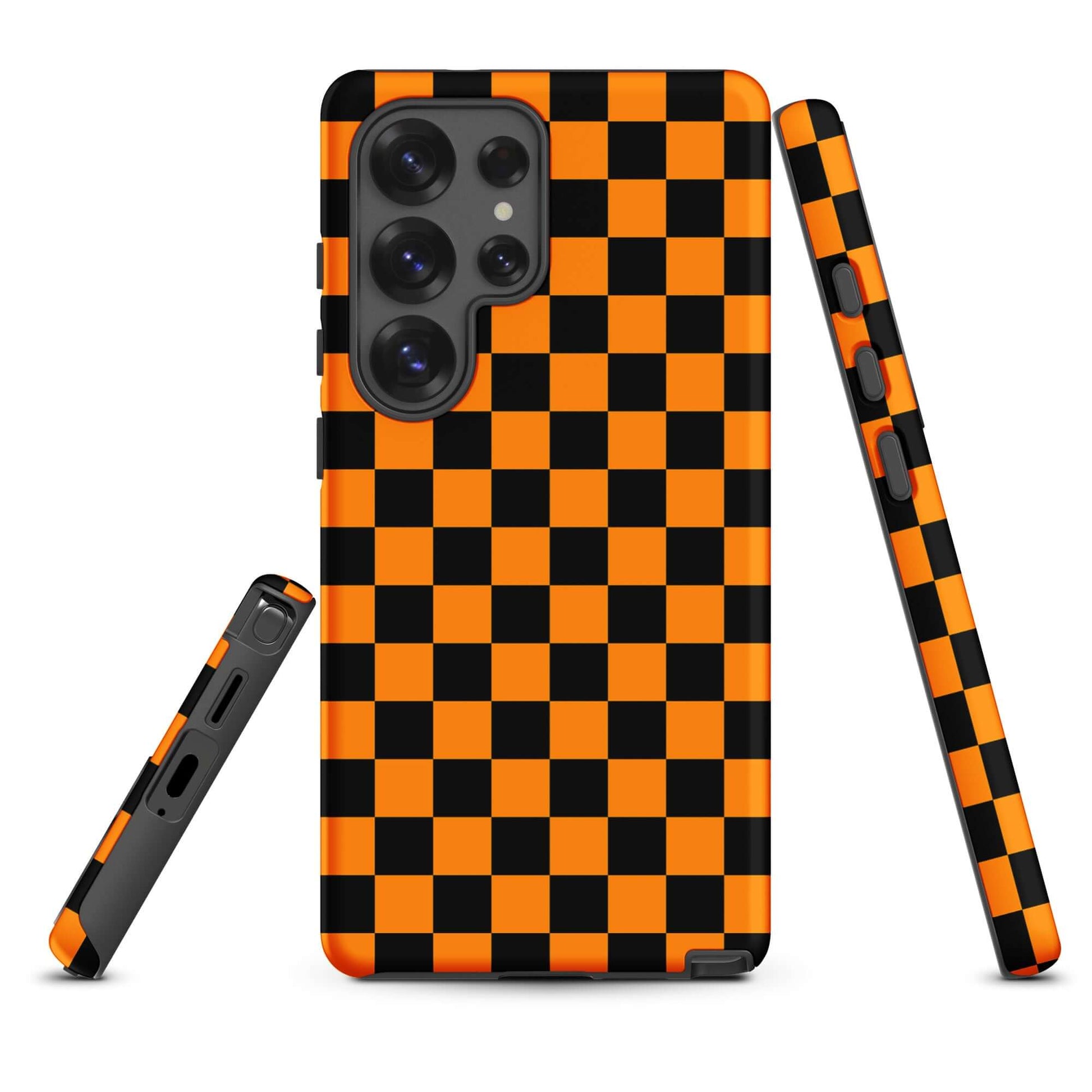 Phone Case for Samsung Galaxy with vibrant orange-black checkered design, showcasing retro and modern style for personality lovers.