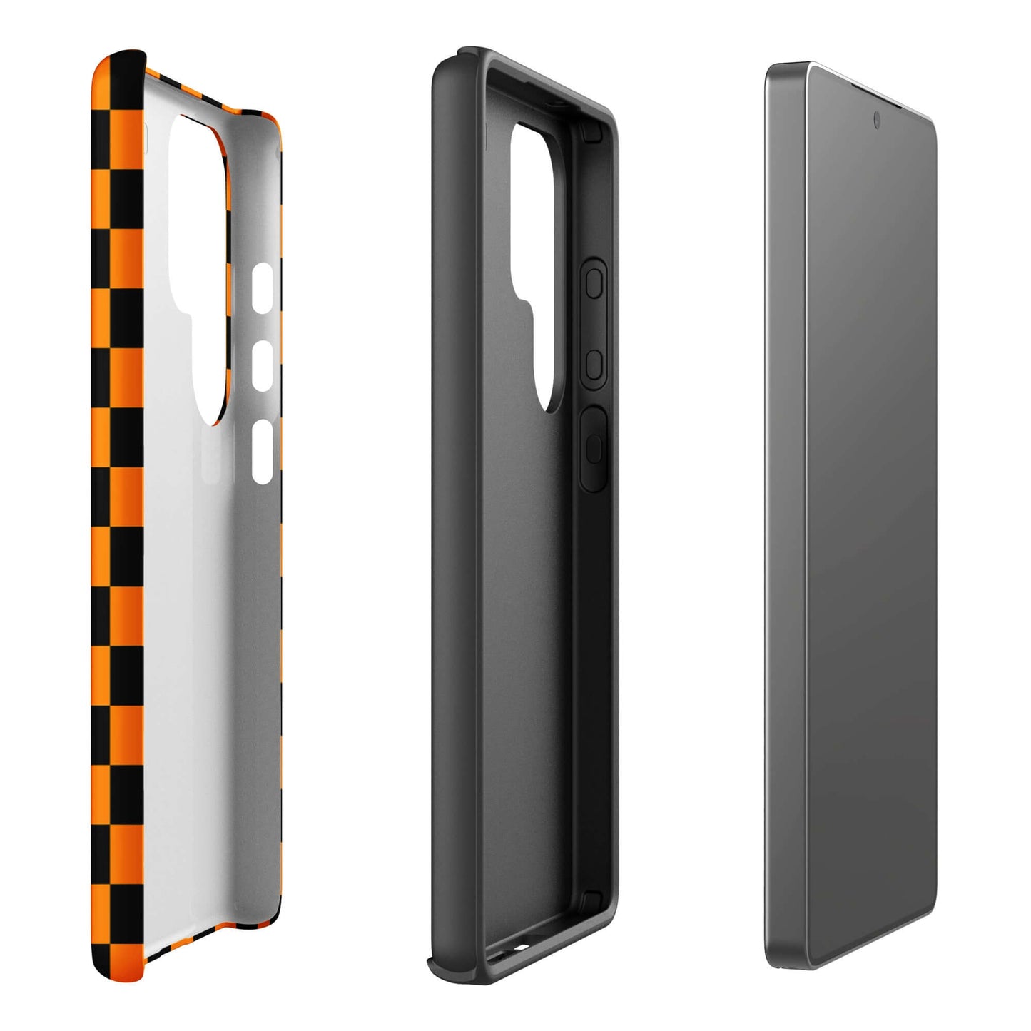 Phone Case for Samsung Galaxy in vibrant orange-black checkered design, showcasing modern flair and retro fun. Ideal device accessory.