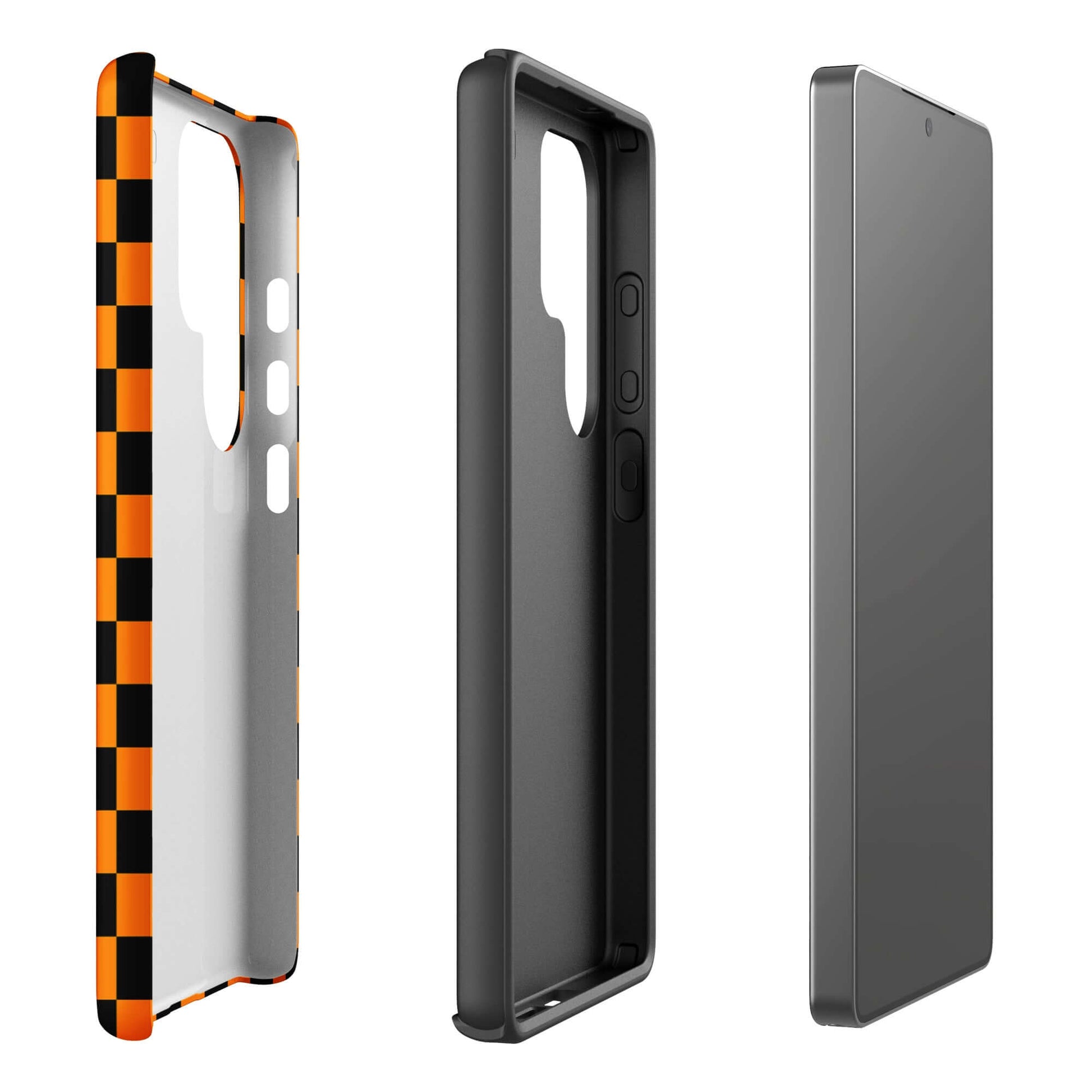 Phone Case for Samsung Galaxy in vibrant orange-black checkered design, showcasing modern flair and retro fun. Ideal device accessory.
