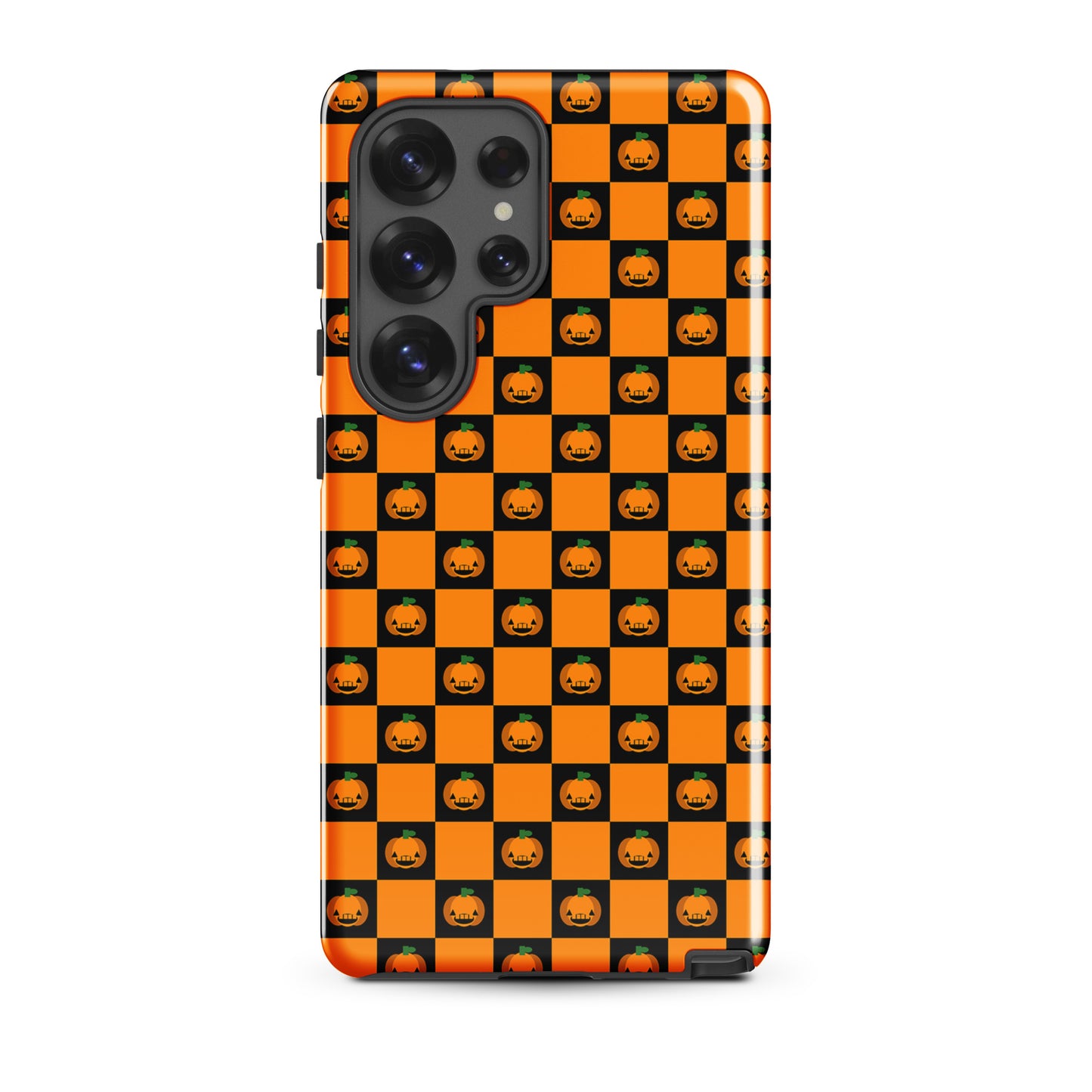 Phone Case for Samsung Galaxy with pumpkin checkered Halloween design featuring orange and black jack-o’-lantern pattern.