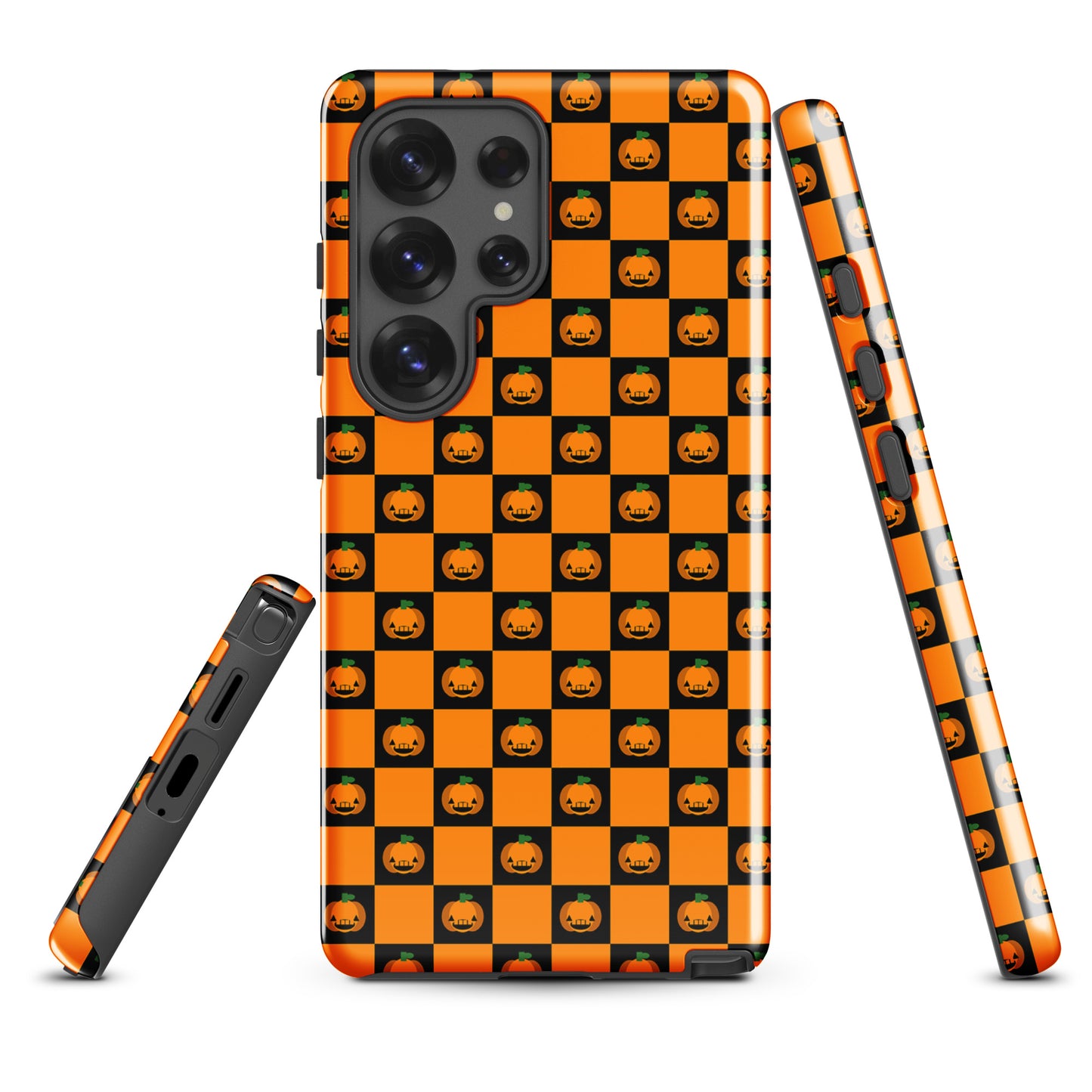 Phone Case for Samsung Galaxy with pumpkin checkered Halloween design featuring jack-o’-lanterns and orange-black squares, October vibes