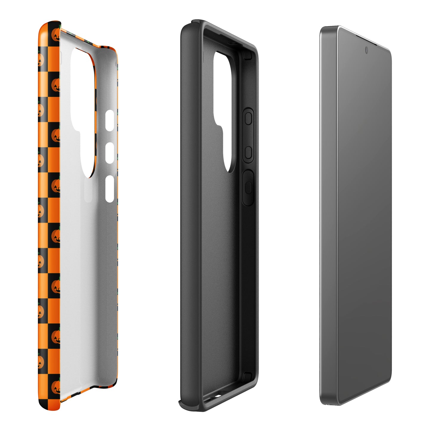 Phone Case for Samsung Galaxy with pumpkin checkered Halloween design, showcasing jack-o'-lantern pattern and three-piece assembly.