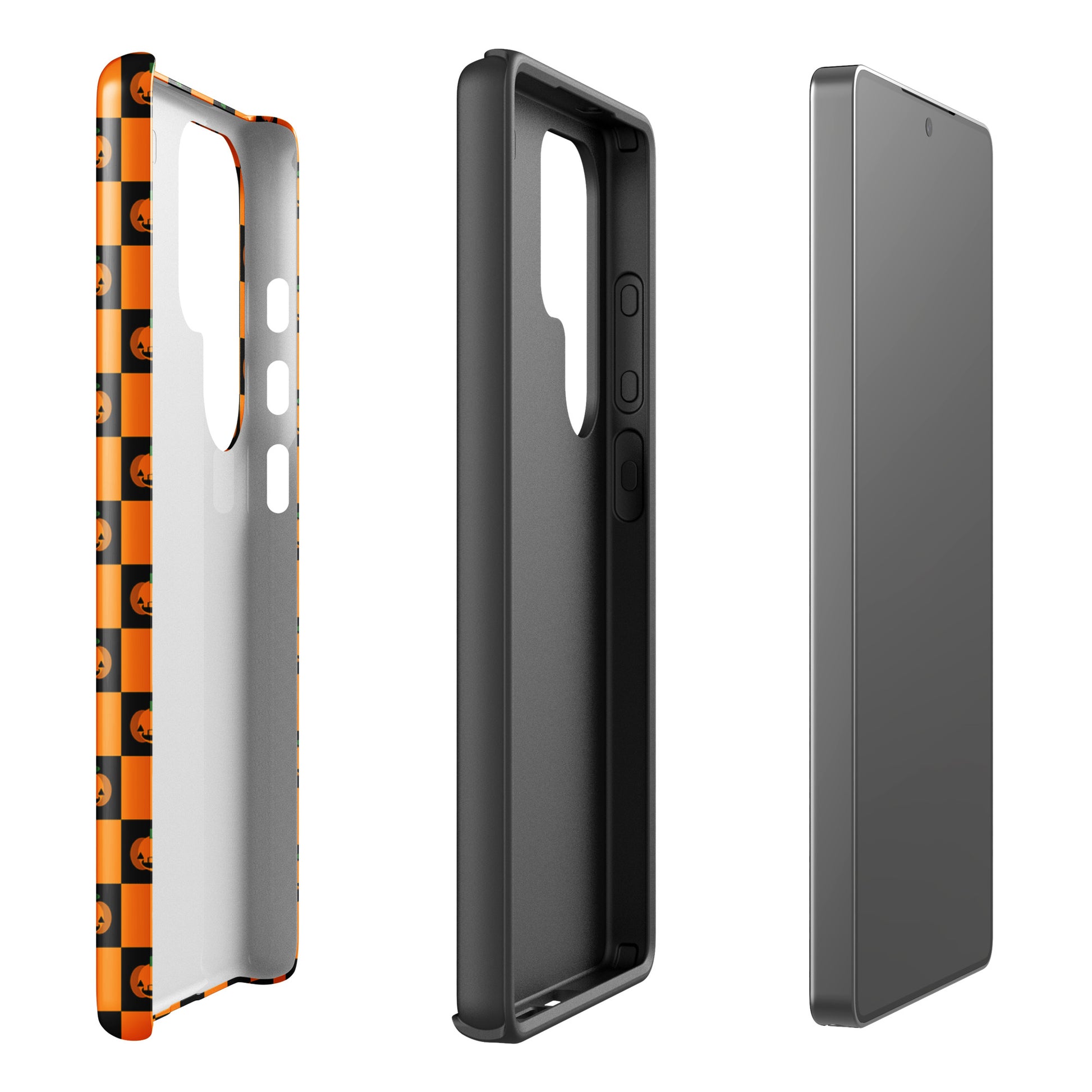 Phone Case for Samsung Galaxy with pumpkin checkered Halloween design, showcasing jack-o'-lantern pattern and three-piece assembly.