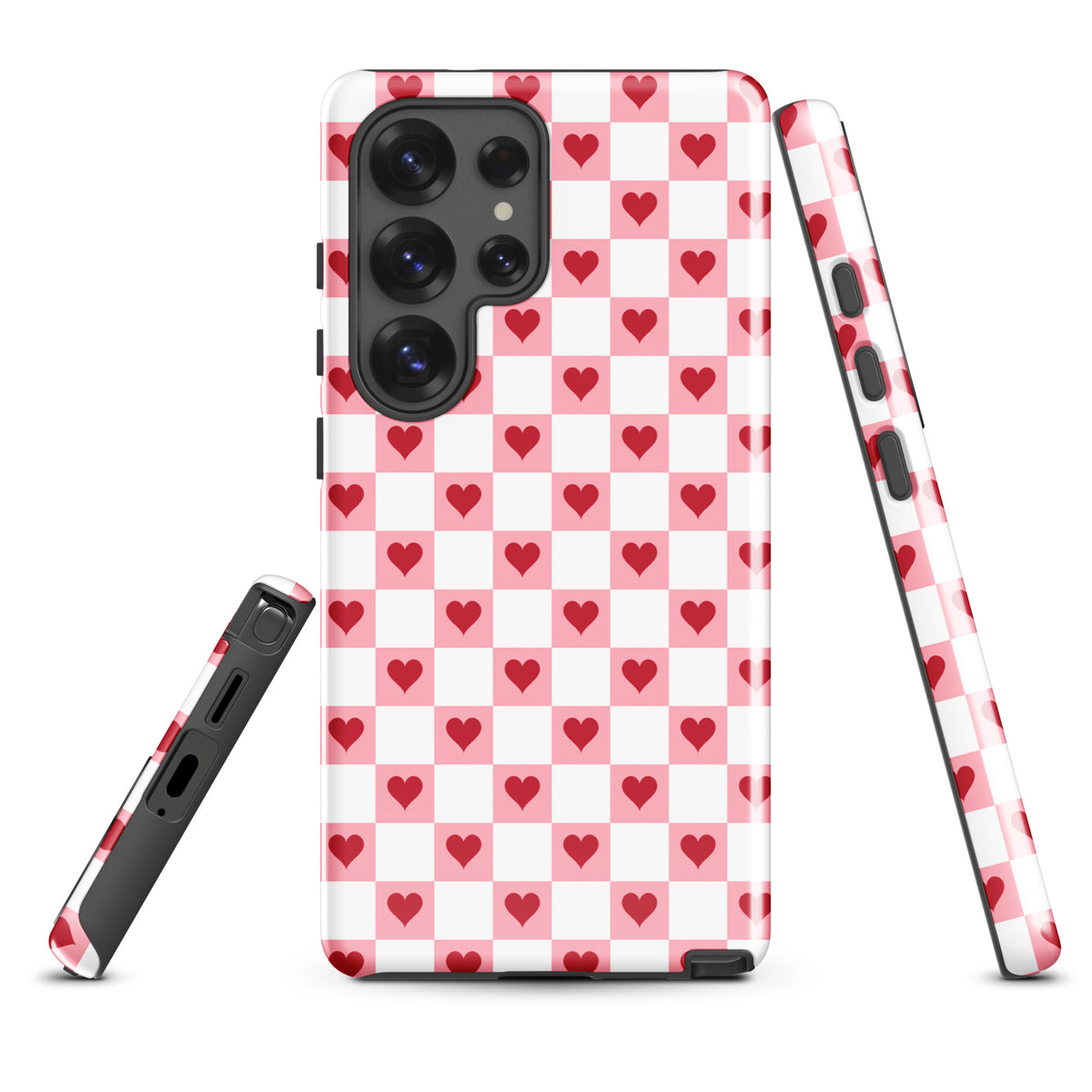 Phone Case for Samsung Galaxy with pink-and-white checkered design and red hearts pattern