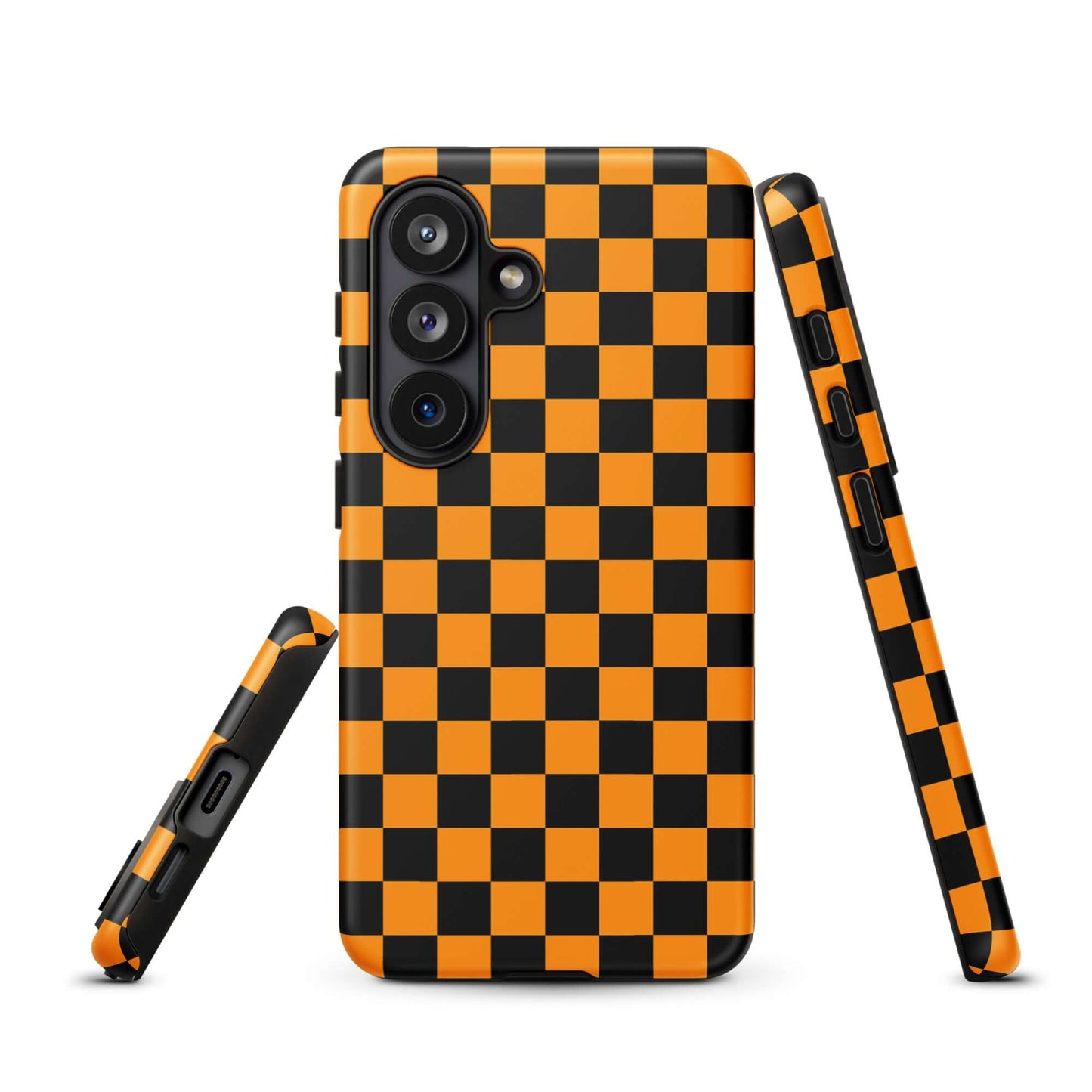 Vibrant orange-black checkered Phone Case for Samsung Galaxy, combining retro fun with modern flair in a bold, energetic design.