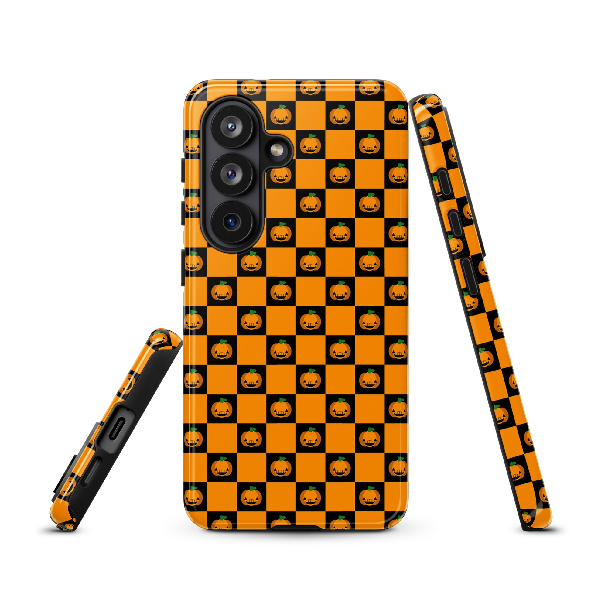 Pumpkin checkered Halloween design Phone Case for Samsung Galaxy with jack-o'-lanterns on orange and black squares.