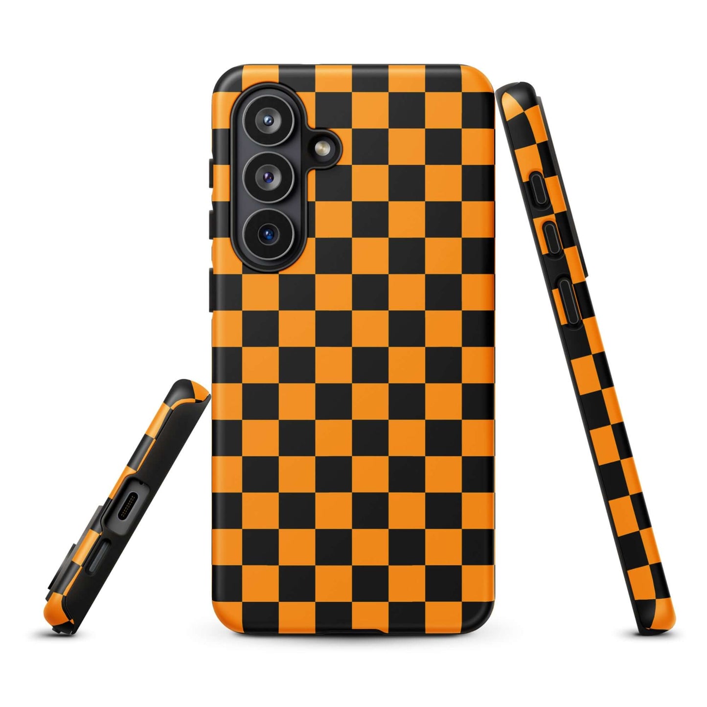 Vibrant orange-black checkered Phone Case for Samsung Galaxy, showcasing retro fun and modern flair.