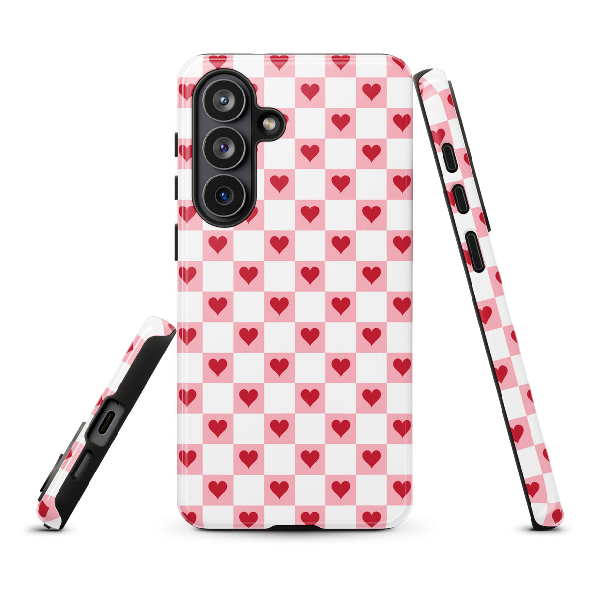 Phone Case for Samsung Galaxy with pink-and-white checkered design and red hearts, showcasing charm and playful style.