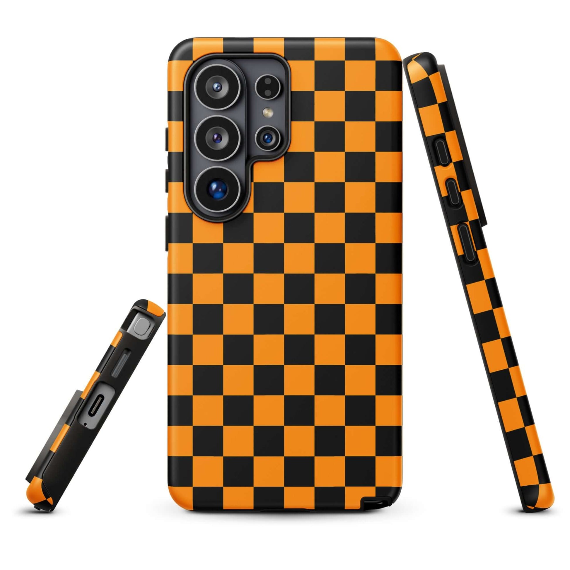 Phone Case for Samsung Galaxy with vibrant orange-black checkered design, adding a bold retro and modern style to your device.