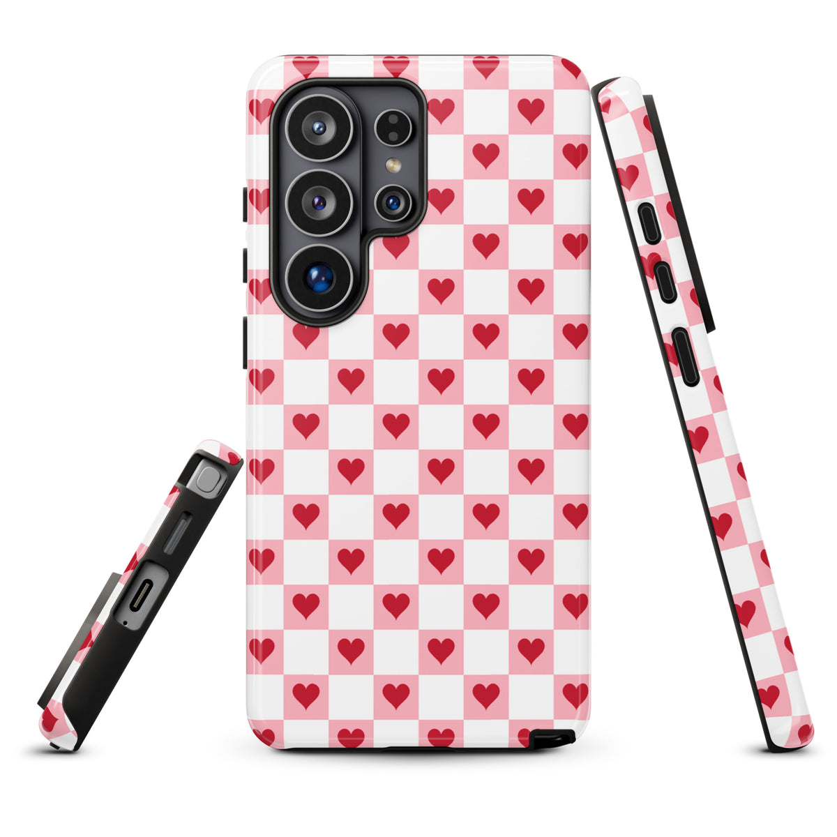 Phone Case for Samsung Galaxy with pink and white red hearts checkered design, showcasing charming and cheerful style.